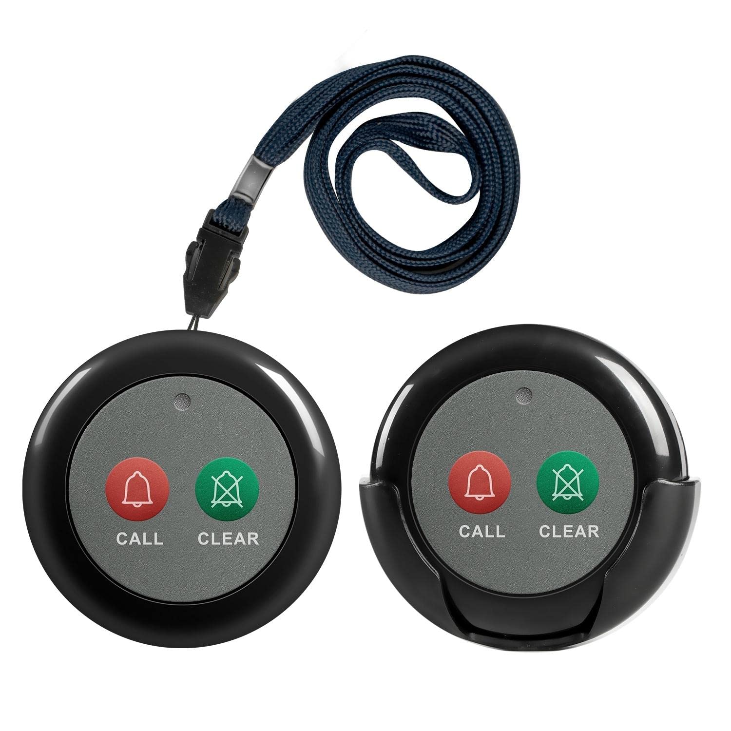 Dual Function Wireless Call Buttons - 2 Pack Black Caregiver Pager for Nursing Homes, Clinics & Restaurants | Portable Wireless Call System with Clear Alert | Ideal for Elderly Care, Patient Assistance & Food Service Staff