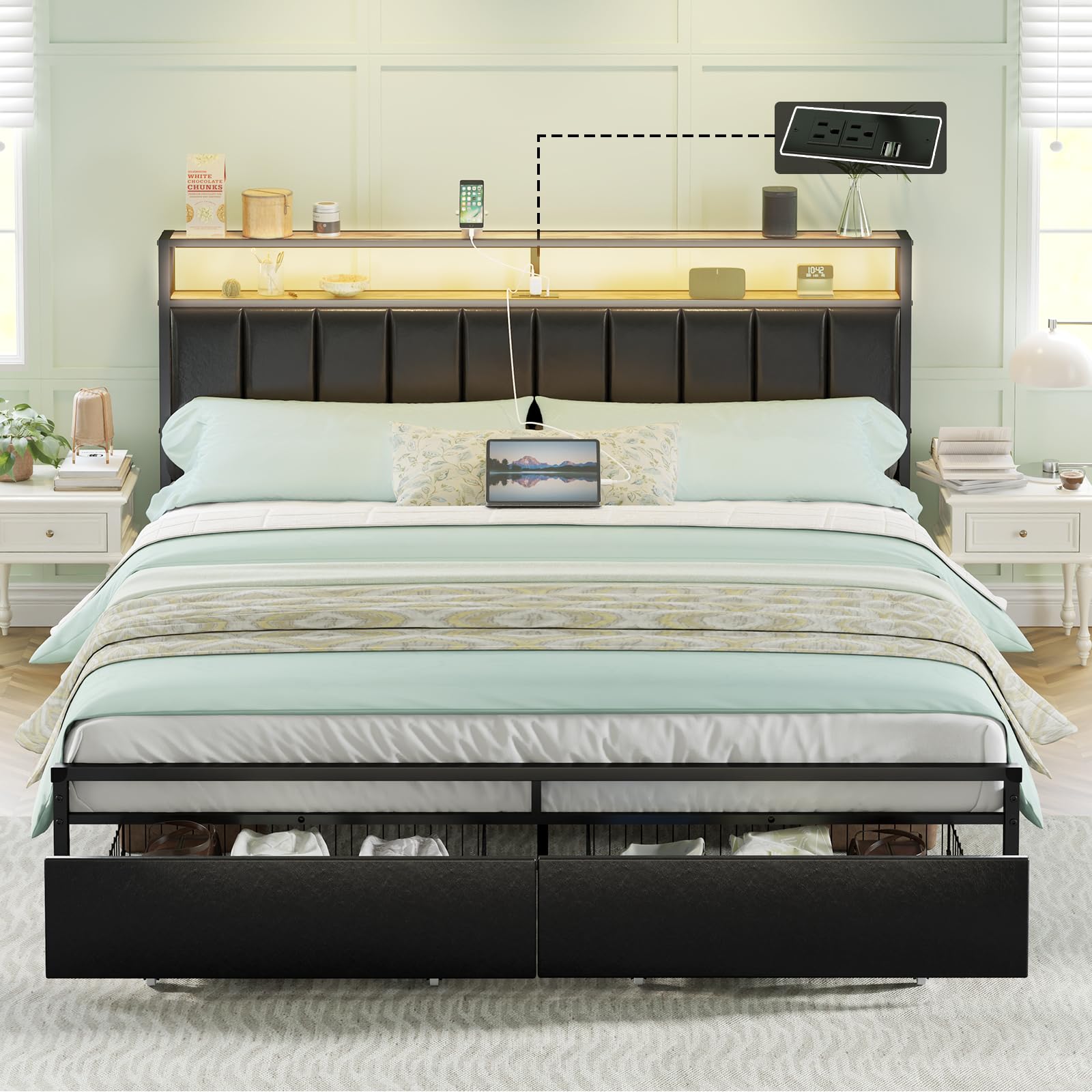 AMERLIFE LED King Size Bed Frame with Storage Drawers - 2-Tier Platform Bed with Leather Upholstered Headboard & USB Charging Station | No Box Spring Required | Quiet & Easy Assembly | Black | Perfect for Modern Bedrooms & Small Space Storage Solutions