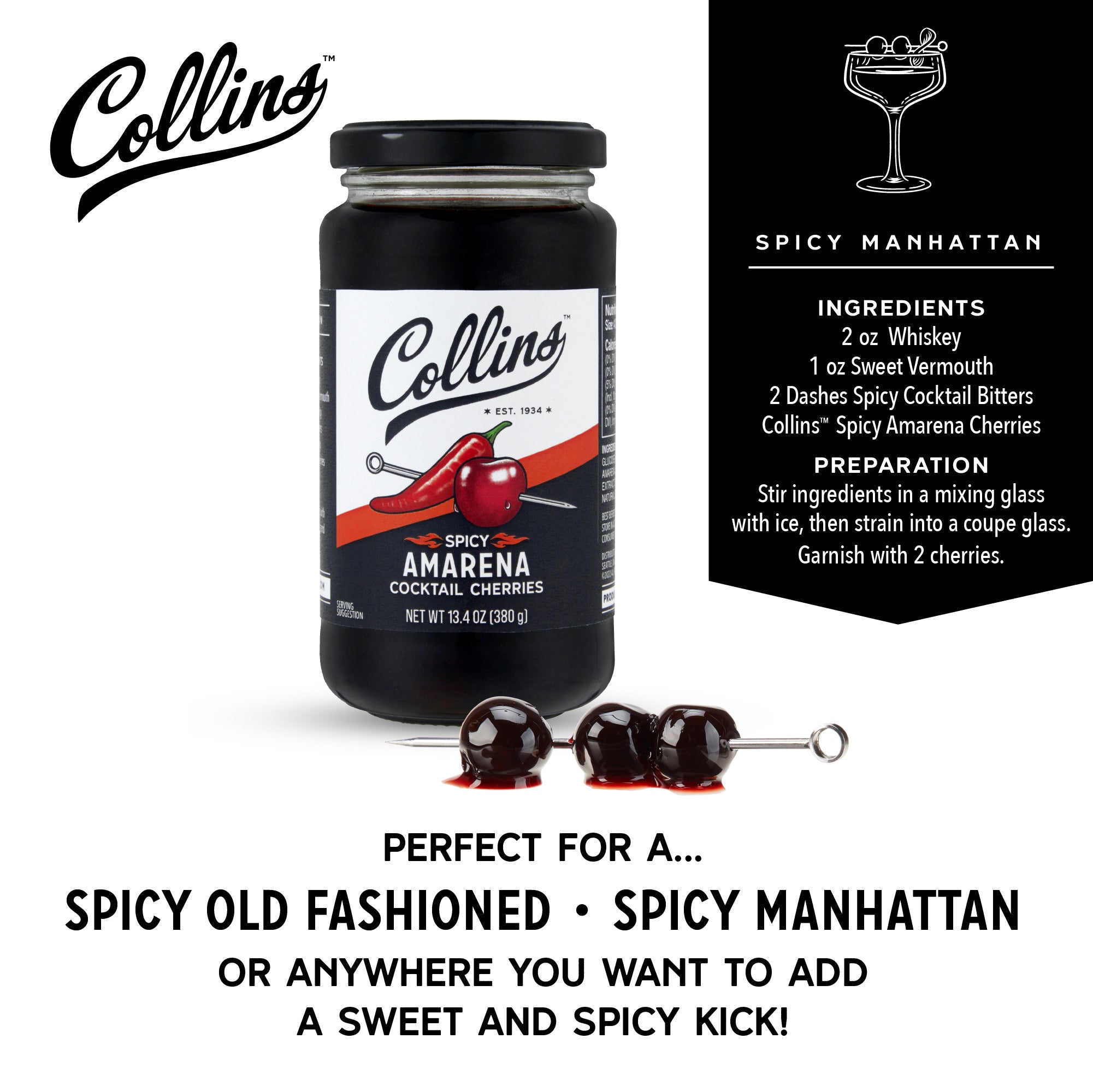 Premium Spicy Amarena Cherries 13.4 oz Jar - Gourmet Italian Cocktail Cherries for Desserts, Drinks & Charcuterie Boards