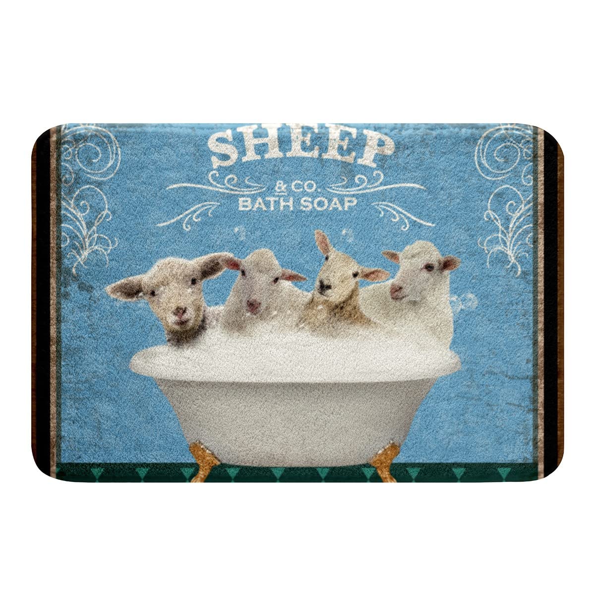 Non-Slip Vintage Farmhouse Sheep Bath Mat - Cute Retro Farm Animal Bathroom Rug for Kids, Boys & Girls - Soft Geometric Diamond Pattern in Blue & Green - 20