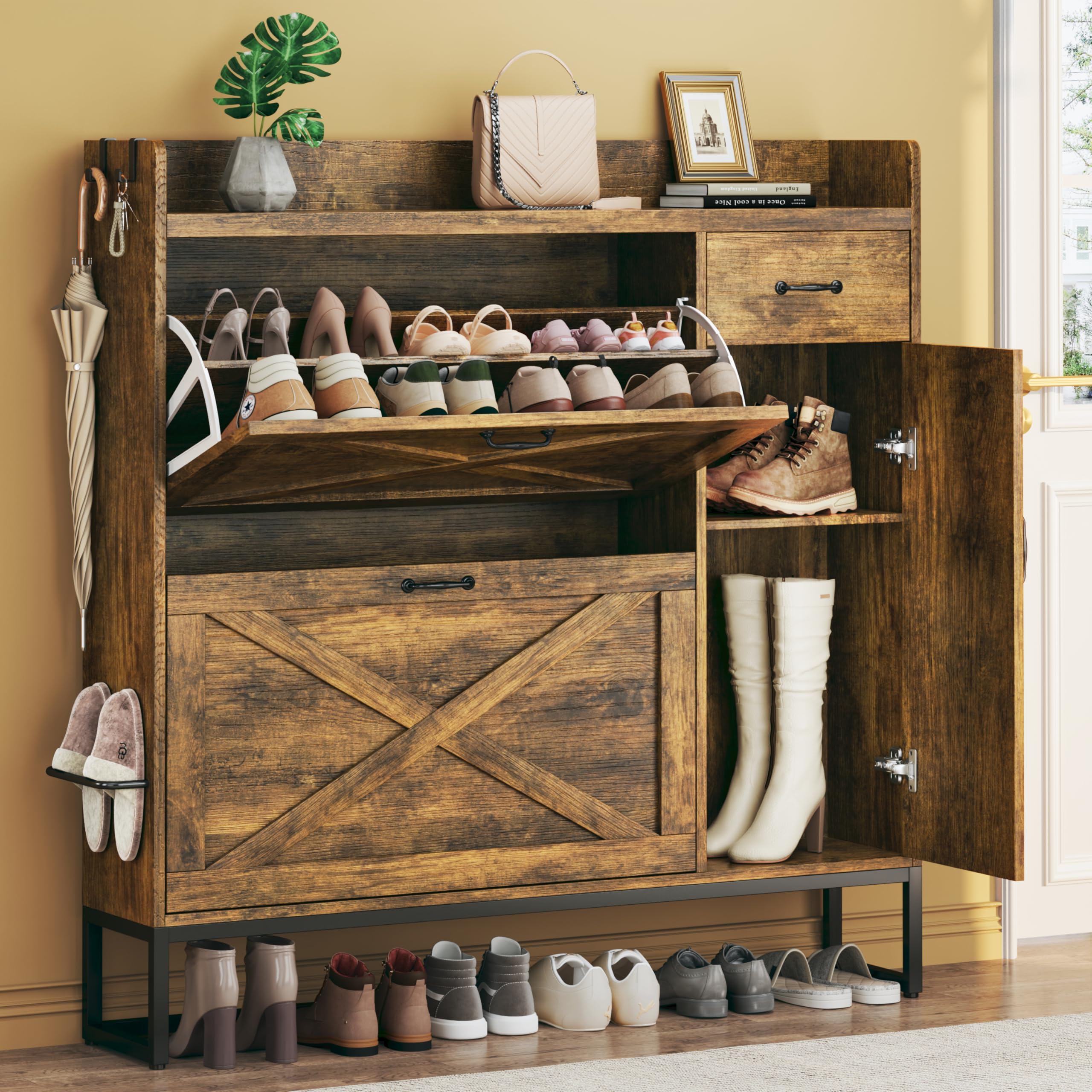 Freestanding Shoe Storage Cabinet with 2 Flip Drawers & Side Cabinet - Adjustable Shelves Shoe Organizer for Entryway, Hallway, Living Room - Brown Wooden Shoe Rack for Home Organization & Closet Storage