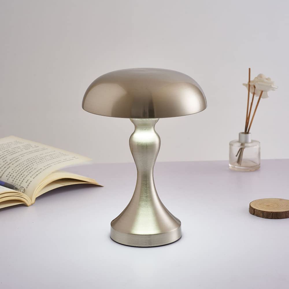Portable LED Cordless Mushroom Table Lamp - Rechargeable USB Desk Light with Eye Protection, Silver Night Light for Bedroom, Office, Dorm | Perfect for Reading, Working, and Creating Cozy Atmosphere