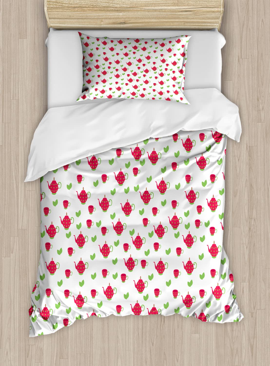 Ambesonne Tea Party Duvet Cover Set - Twin Size 2-Piece Set with Teapot Polka Dot & Leaf Design, British Tea Time Theme Bedding (2 Duvet Covers + 2 Pillowcases) in Dark Coral Green - Perfect for Themed Bedrooms, Guest Rooms & Tea Lover Decor