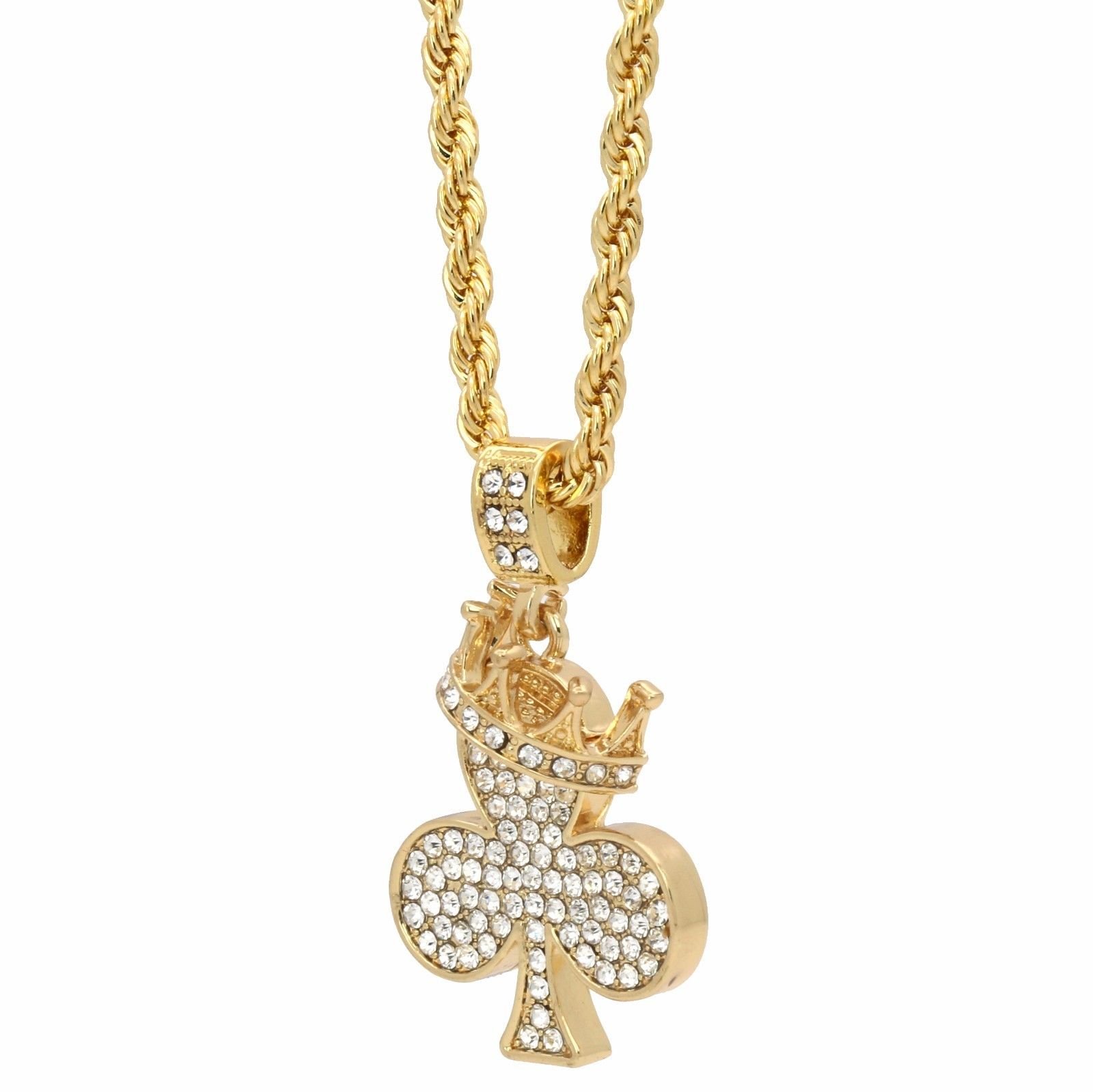 24K Gold Plated Iced King Crown Clover Pendant with 4mm 24