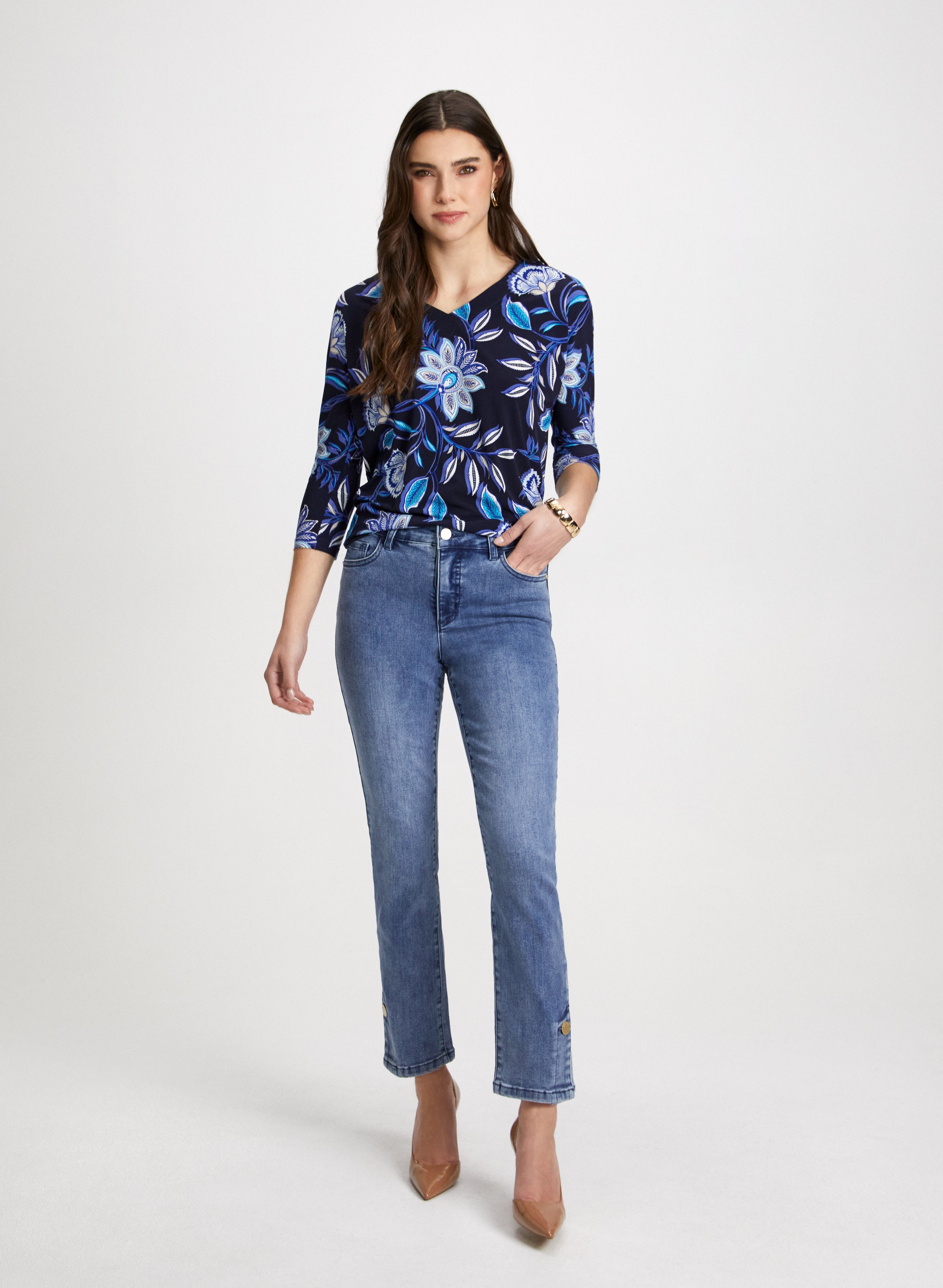 Floral Paisley Print Blouse with Button Hem Jeans for Women - Boho Chic Outfit for Spring, Summer & Casual Wear