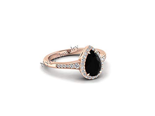 Natural Black Onyx Engagement Ring Sterling Silver - Rose Gold Halo Unique Solitaire Ring for Women - Half Eternity Band - Pear Shape Black Onyx Jewelry - Wedding, Proposal, Anniversary Gift - Perfect for Bridal, Evening Wear & Special Occasions