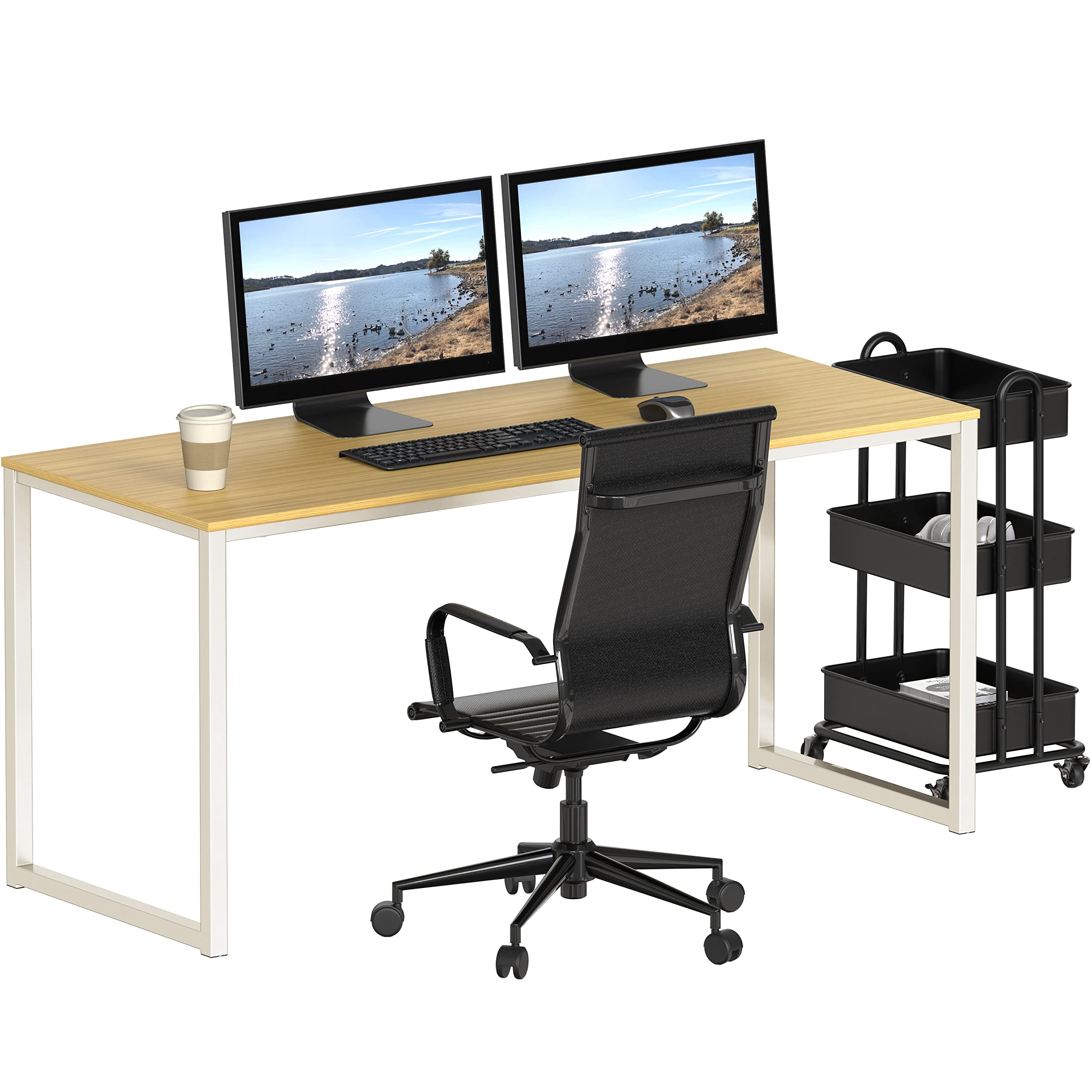 SHW Mission 55-Inch Home Office Computer Desk - Solid Oak Wood Writing Table with Storage Shelf | Perfect for Remote Work, Gaming Setup & Study Room Furniture