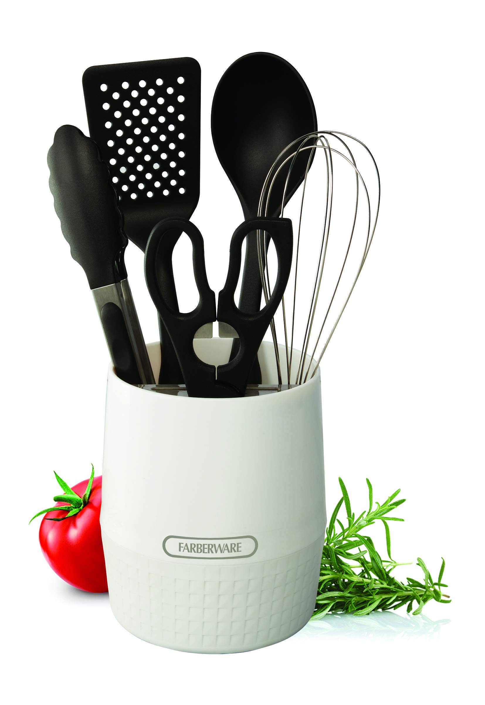 Farberware 13-Inch White Classic Crock Pot with Knife Holder & Cooking Tools – Perfect for Slow Cooking, Soups, and Kitchen Organization