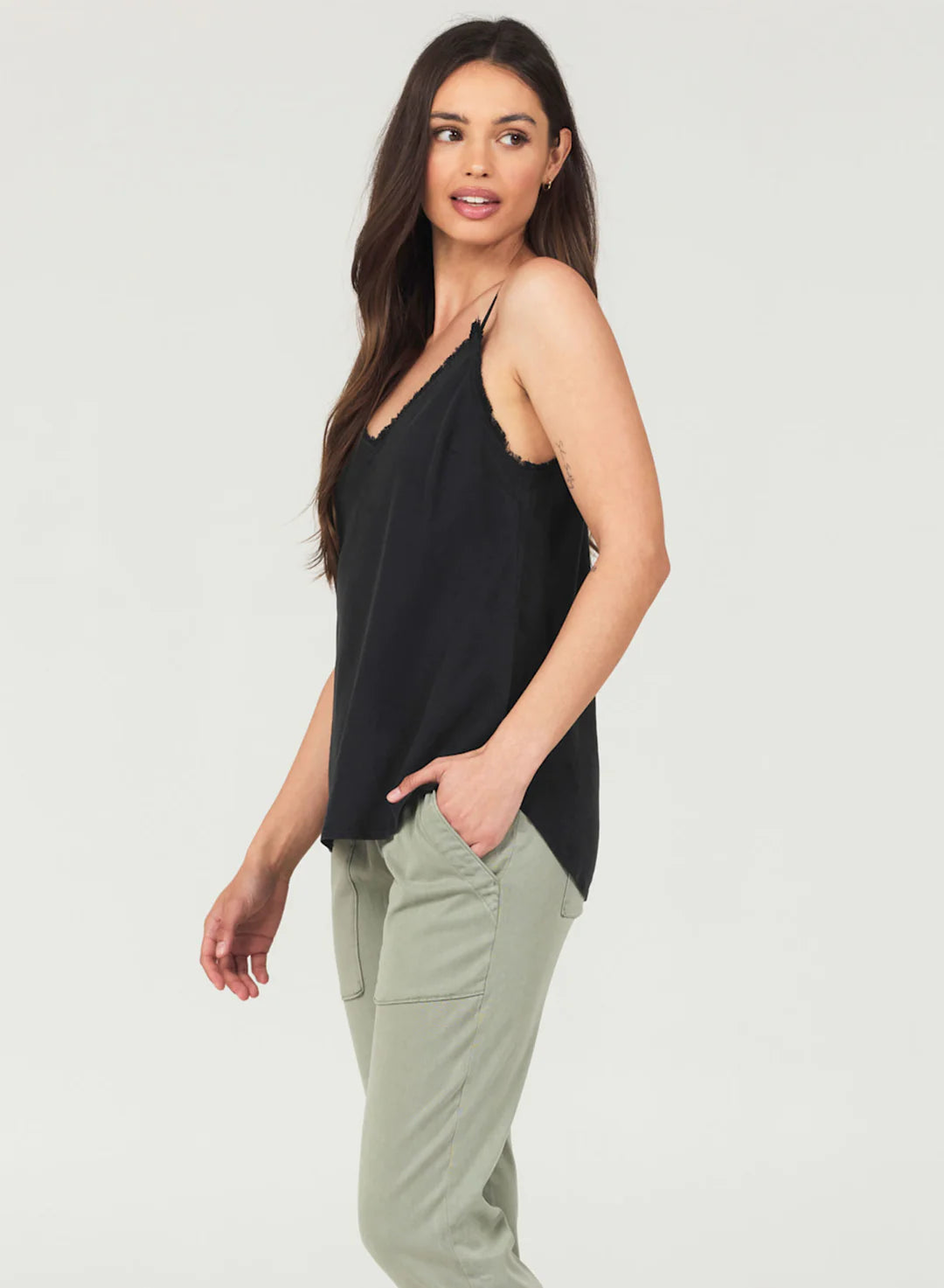 Vintage Black Frayed Edge Camisole Top - Women's Boho Lace Trim Tank Top for Casual Wear, Layering & Summer Outfits