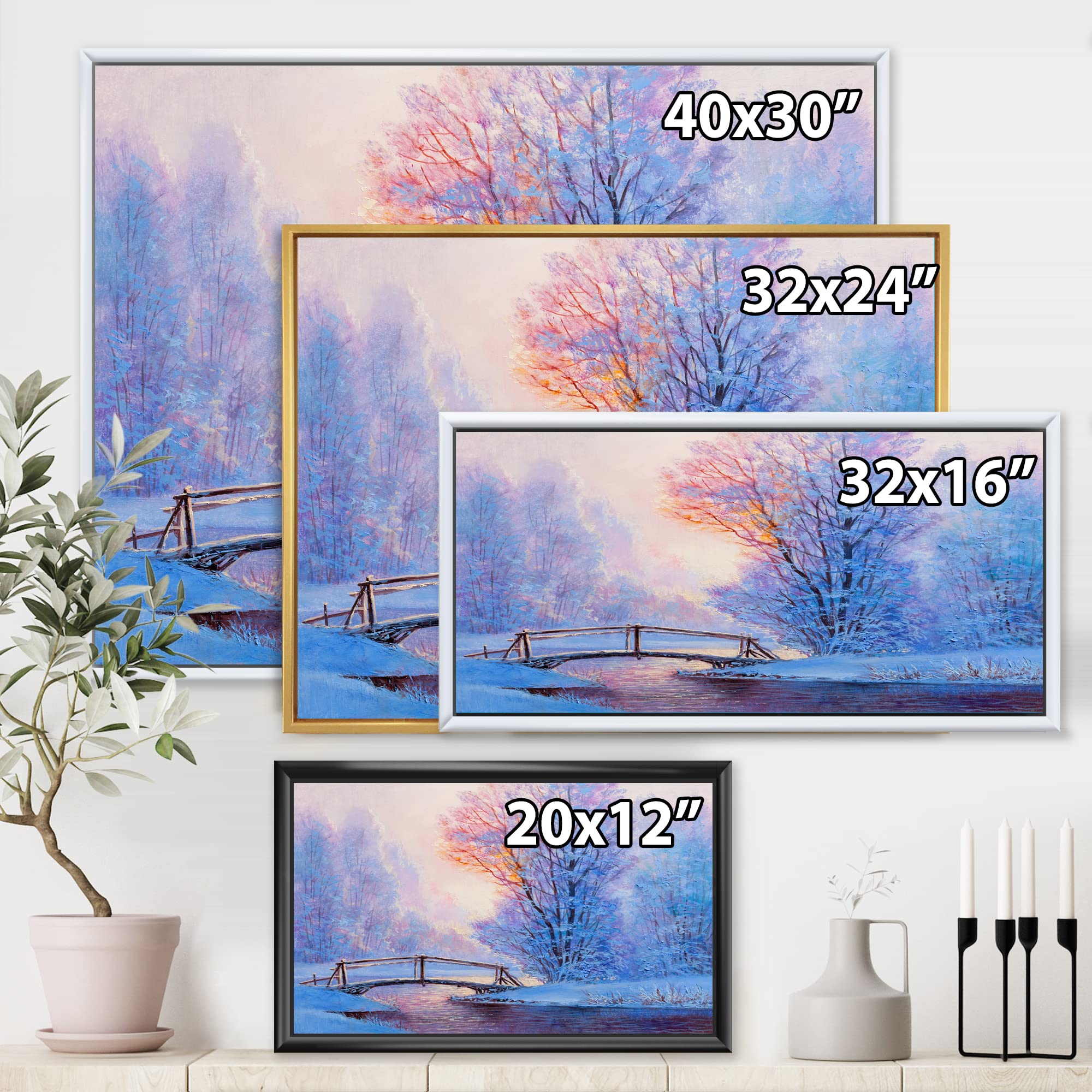 Winter Landscape With River and Bridge - Lake House Framed Canvas Wall Art Print for Living Room, Bedroom & Office Decor
