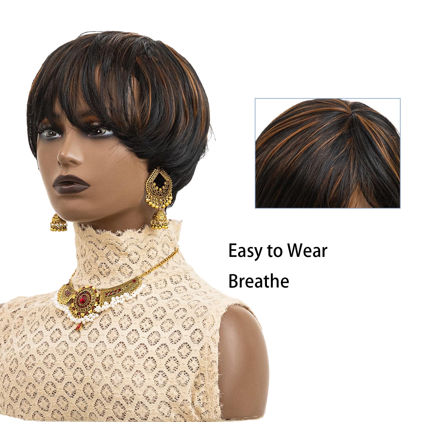 Stylish Synthetic Pixie Cut Wigs for Black Women - Short Ombre Auburn Bowl Cut Wig with Bangs (Brown Black) | Perfect for Daily Wear, Cosplay & Special Occasions