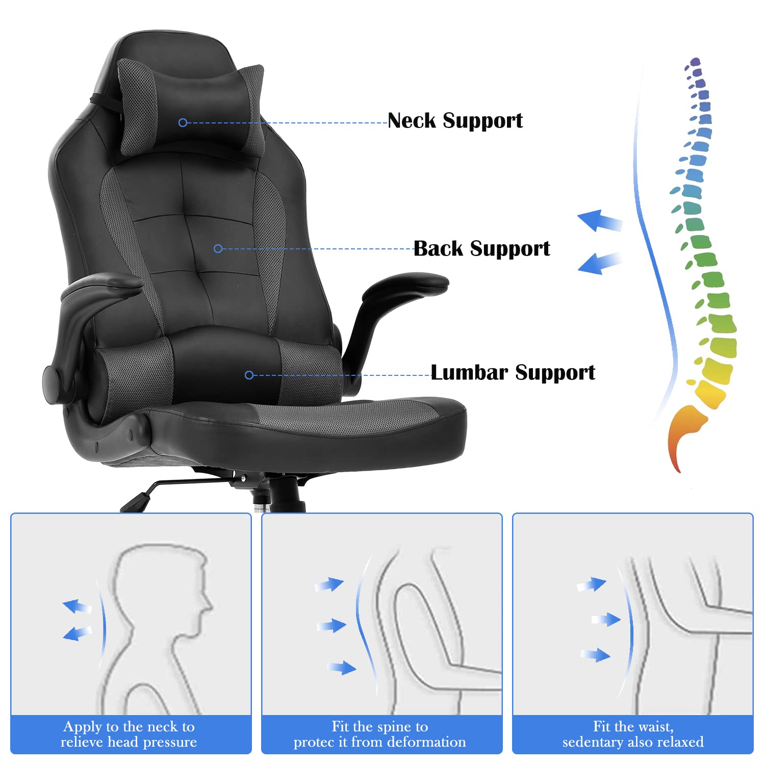 Ergonomic Gaming & Office Chair with Adjustable Headrest & Lumbar Support - High Back PU Leather Computer Desk Chair for Adults - Racing Style Swivel Task Chair with Wheels (Grey) - Perfect for Home Office, Gaming Setup & Workstations