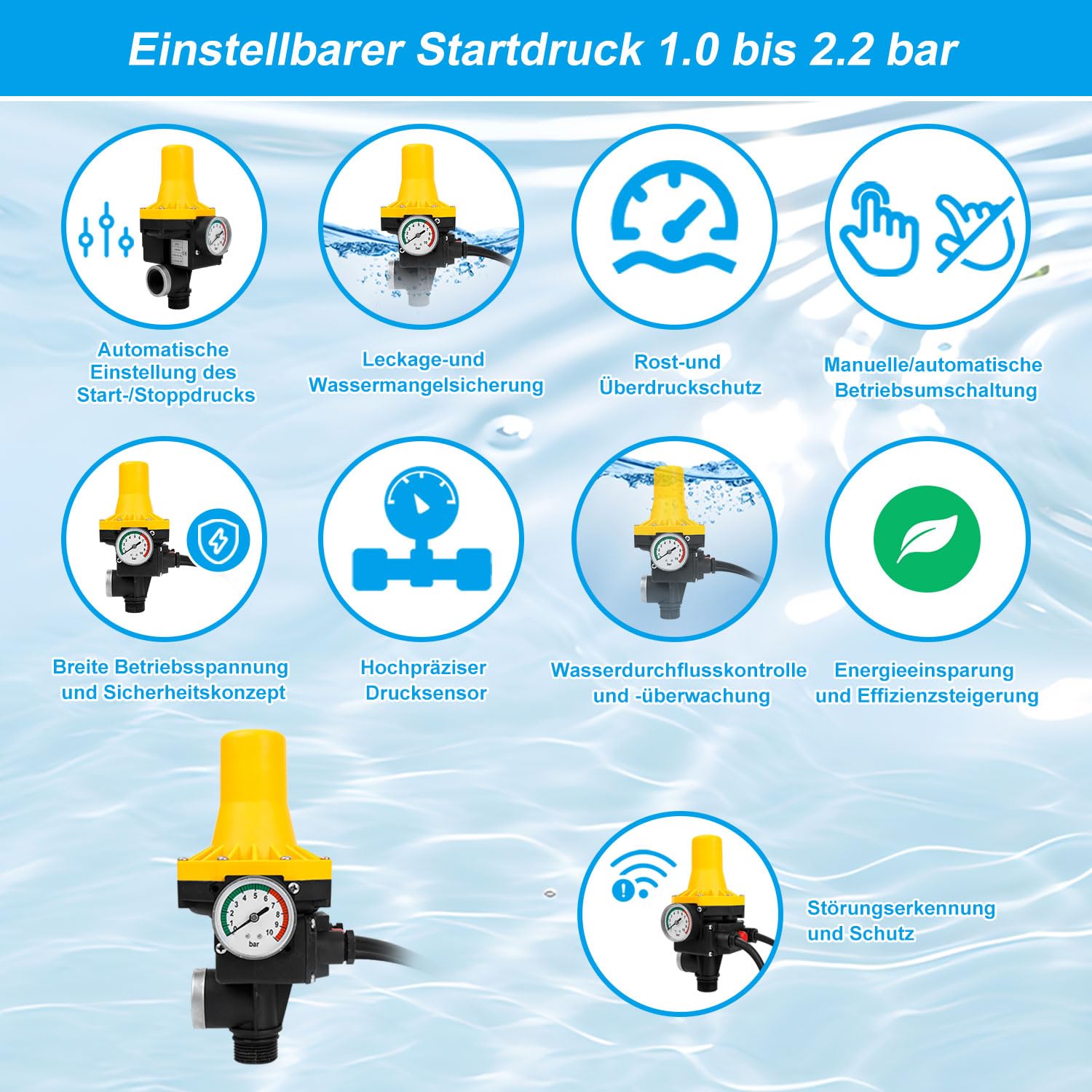 Ansobea 1100W 9000L/H Electronic Water Pump Pressure Switch with Cable, 10 Bar IP65 Protection for Water Pumps (1.5-3 Bar) - Ideal for Home Water Supply, Irrigation Systems & Pool Filtration