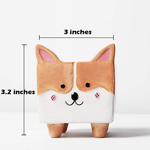 Adorable Corgi Ceramic Succulent Planter - 3 Inch Small Cactus Flower Pot with Drainage Hole | Perfect for Home Decor, Office Desk, Windowsill Garden & Gift Giving