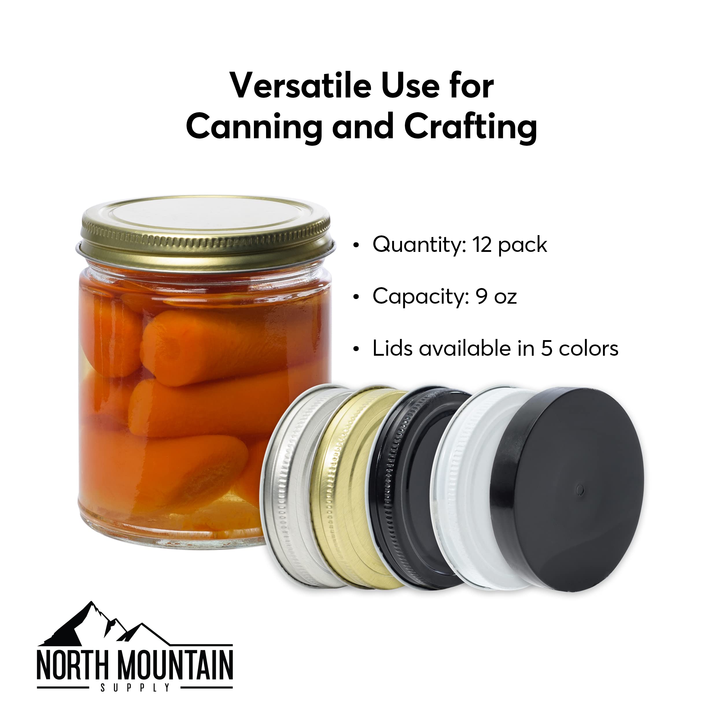 North Mountain Supply 9oz Glass Straight Sided Mason Canning Jars with 70mm Black Plastic Lids - 132 Jars & Lids (11 Cases of 12) - Perfect for Home Canning, Food Storage, DIY Crafts and Gift Packaging