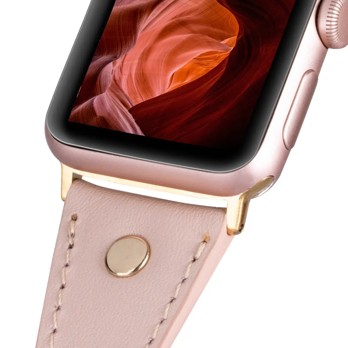 Elegant Nude Leather Double Tour Slim Apple Watch Band with Gold Rivet - Perfect for Work, Casual & Formal Occasions