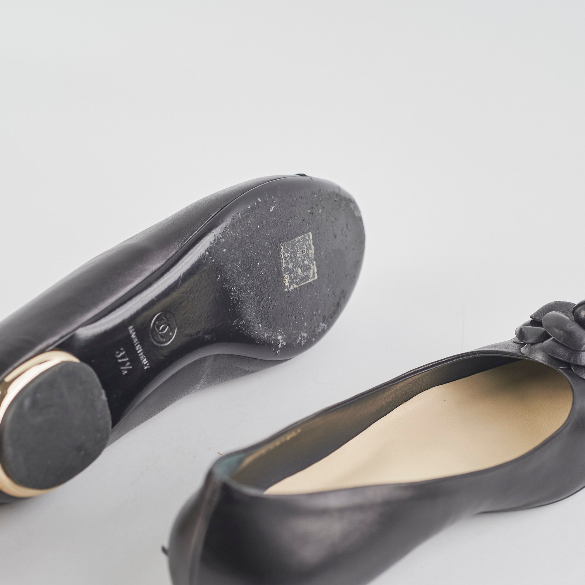 Chanel Camellia Ballet Flats for Women - Black Leather Pointed Toe Shoes Size 37.5 (US 7) - Elegant Comfort for Work, Parties & Daily Wear