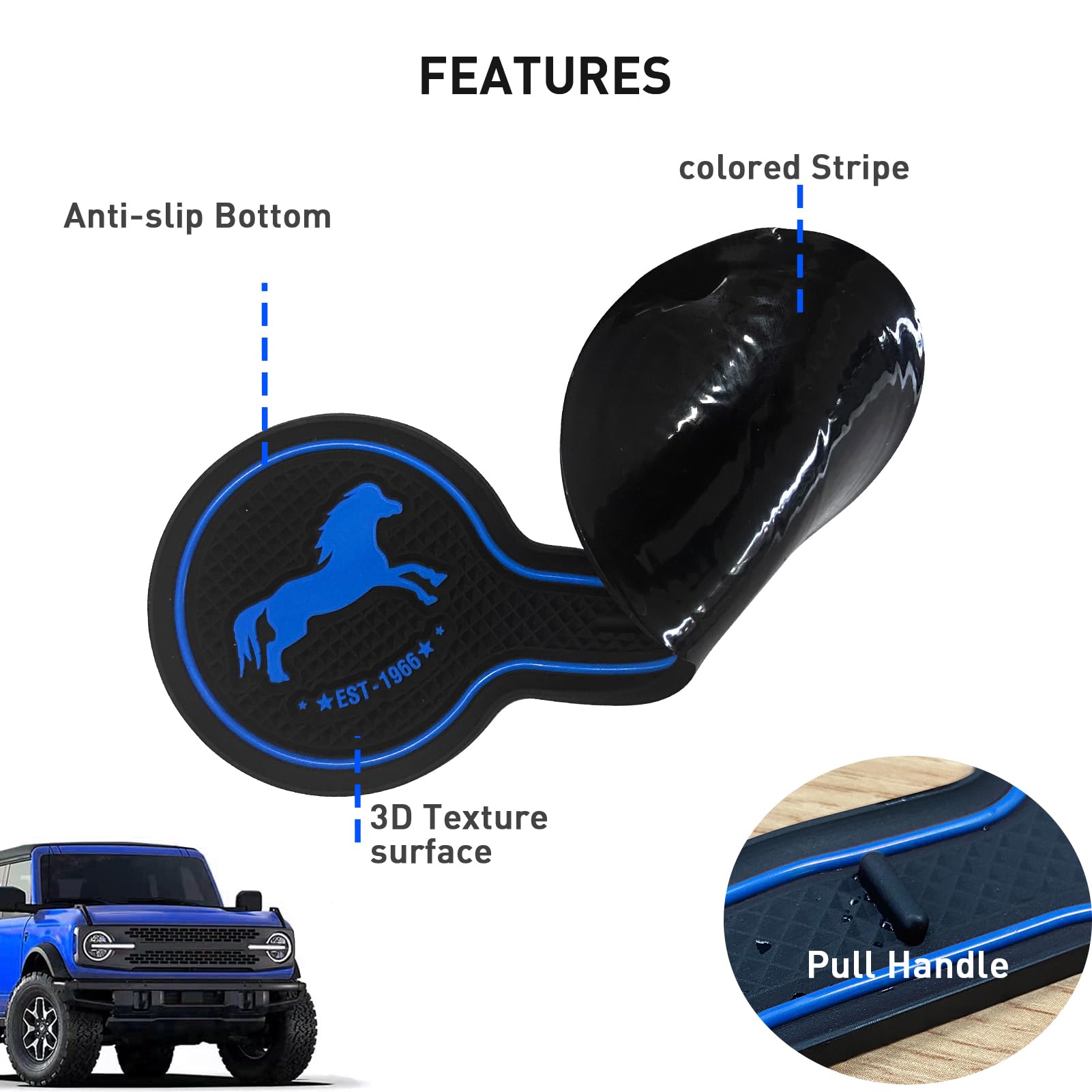 Ford Bronco 2021-2024 Cup Holder Coaster - Non-Slip Silicone Drink Mat for Beverages & Coffee - Car Accessories Interior Decor (Blue) - Perfect for Road Trips & Daily Commutes