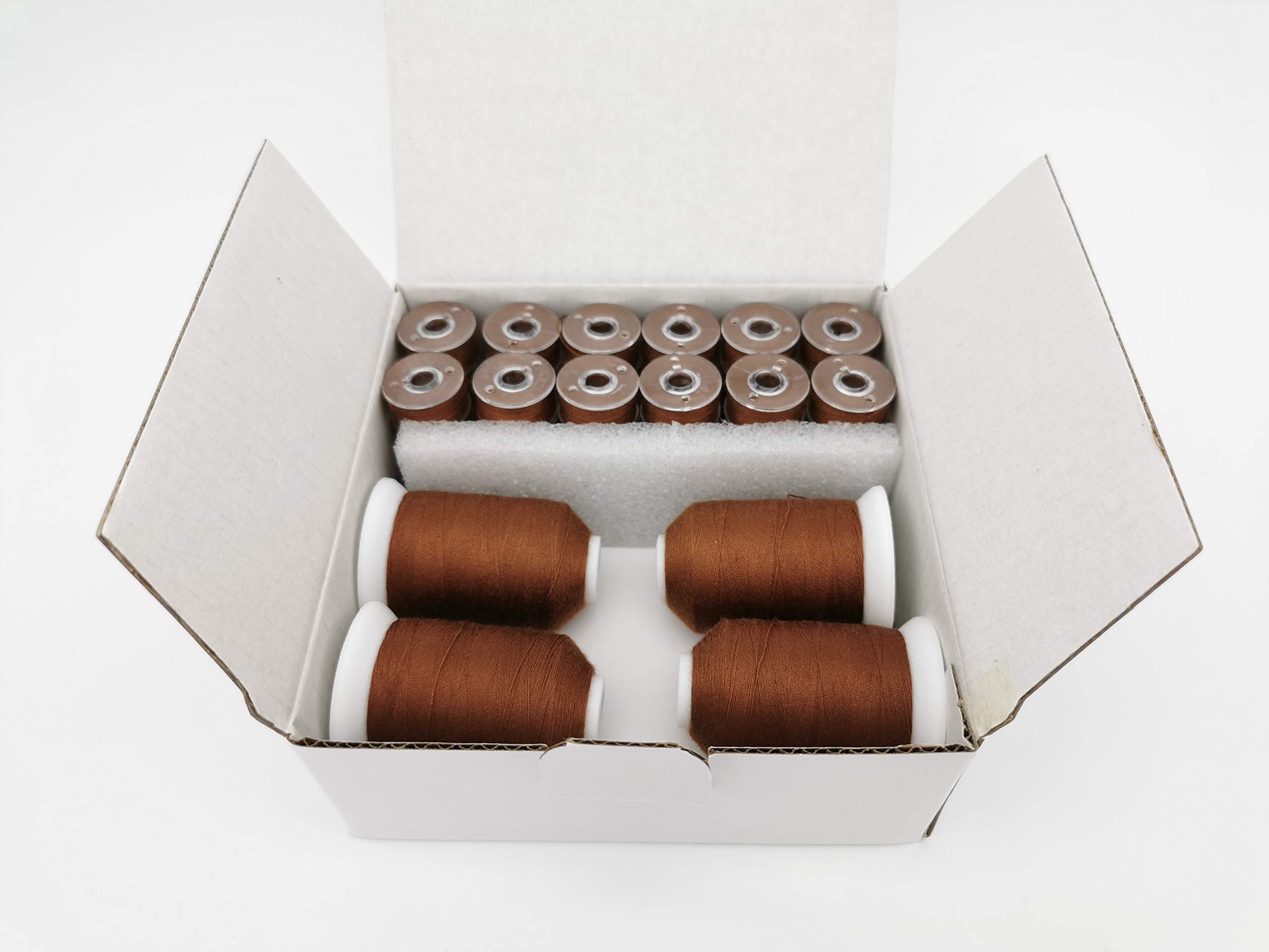 DOUBLELIN Sewing Thread Combo - 36pcs Size L, Style L, SA155 - 9.4 Prewound Bobbin + 4 Spools Top Thread - 339C Clay Brown - 40S/2 34wt Spun Polyester Thread for Sewing Machines - Perfect for Quilting, Embroidery & Garment Making