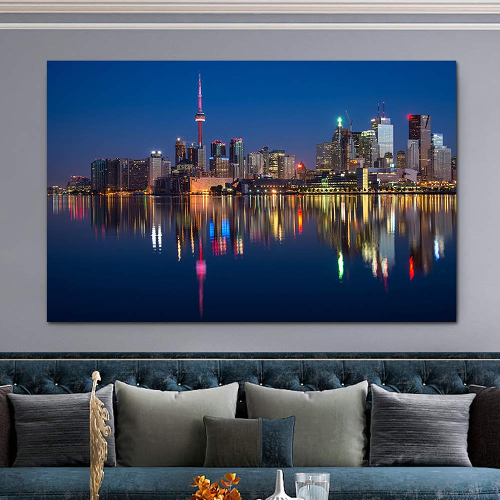 Toronto Skyline Wall Art - Large Framed Cityscape Painting, Night View of Toronto - Ready to Hang Canvas Wall Decor for Living Room & Bedroom - Perfect for Home, Office, and Gift Giving