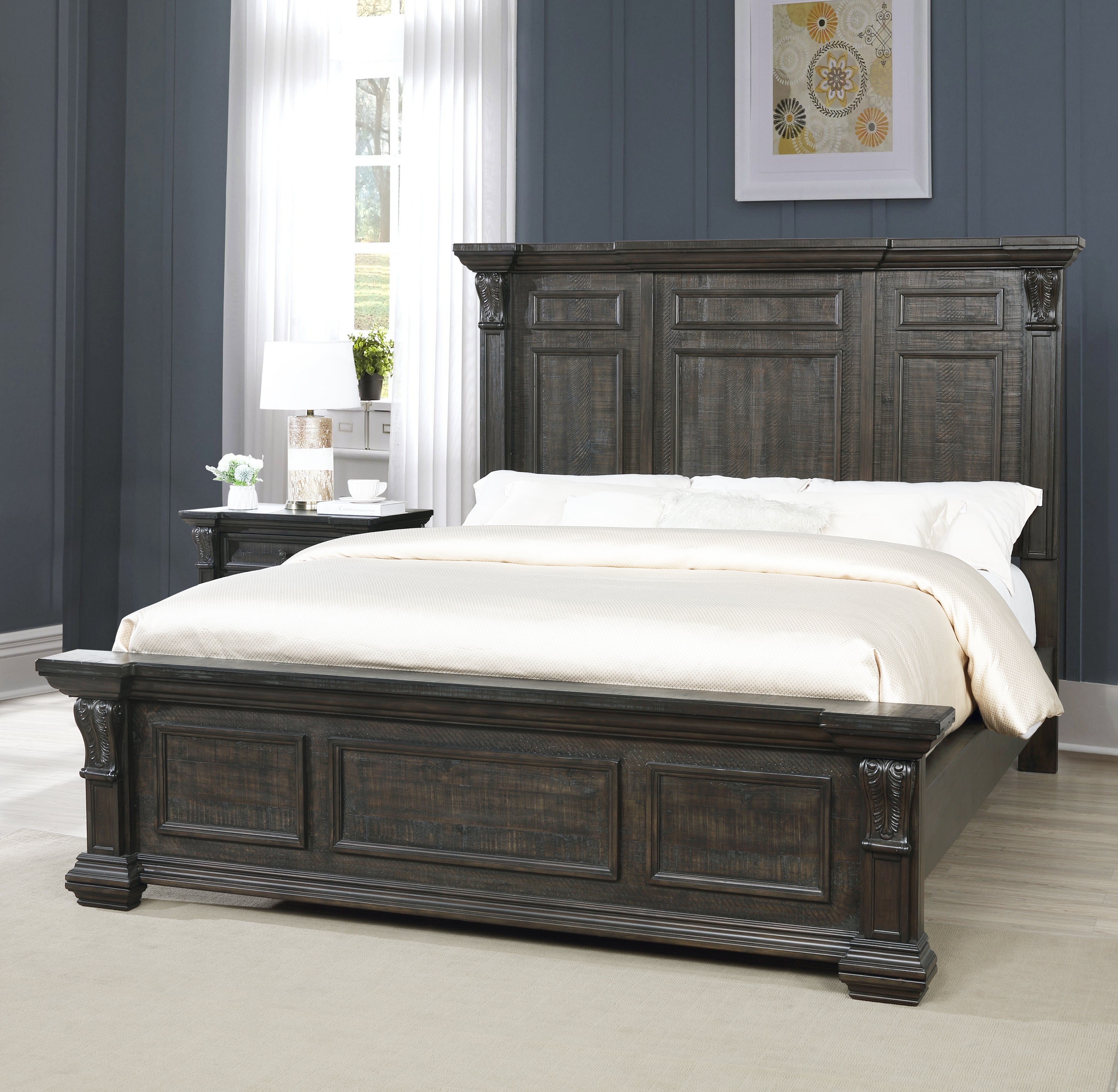 Farson Distressed Dark Walnut Finish Wood Panel Bed - Queen Size Solid Wood Bed Frame with Vintage Style for Master Bedroom & Guest Room Decor