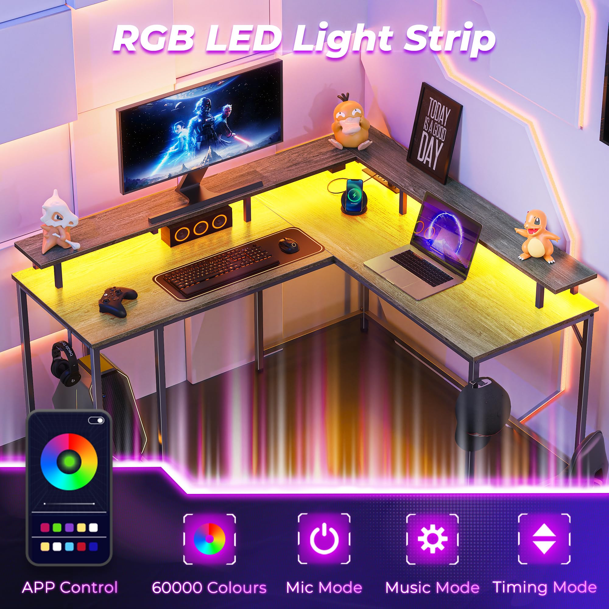 SUPERJARE L-Shaped Gaming Desk with LED Lights & Power Outlets, Computer Desk with Monitor Stand & Headphone Hooks, Home Office Corner Desk (Grey) - Perfect for PC Gaming Setup, Streaming & Remote Workstations