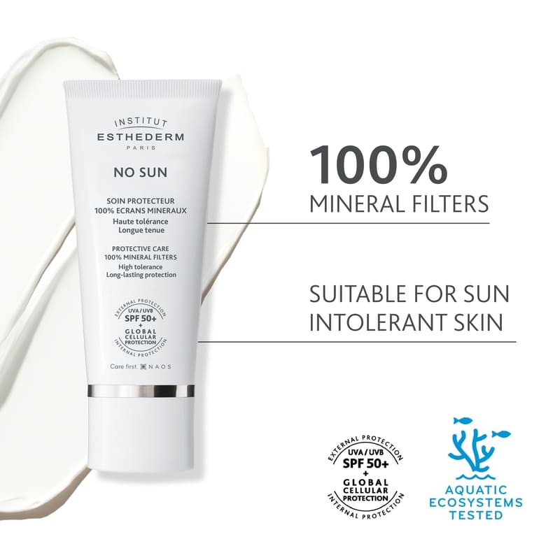 Institut Esthederm No Sun 100% Mineral Sunscreen SPF 50 - Oil-Free Face & Body Protection for Sensitive Skin - Daily Use for Outdoor Activities & Beach Days