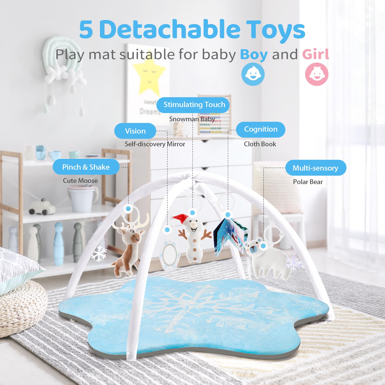 BNAKKON Baby Play Gym Mat - Extra Thick & Soft Activity Mat for Infants 0-18 Months | 5 Detachable Sensory Toys for Tummy Time & Motor Skill Development | Perfect for Nursery, Daycare & Playtime (White)