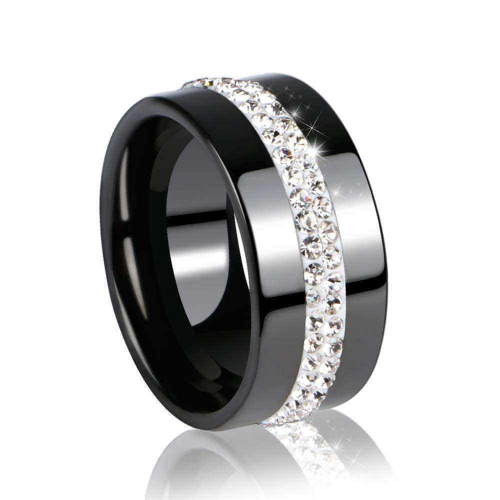 10MM Wide Two Row Crystal Women's Rings - Smooth Black & White Ceramic Wedding Bands, Fashion Jewelry for Brides, Engagement, Anniversary & Everyday Wear