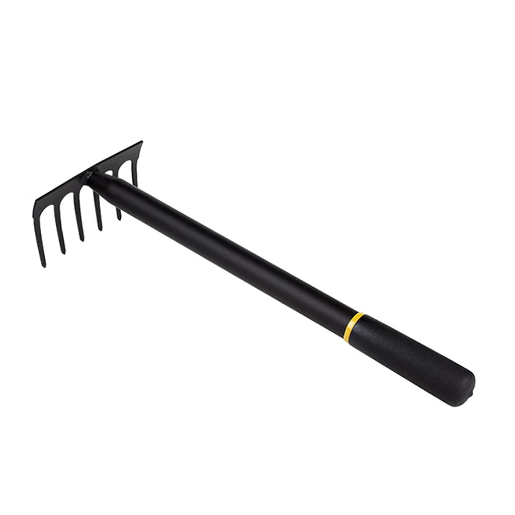 6-Tine Manganese Steel Garden Rake with Comfortable Grip - Durable Black Hand Rake & Small Tiller Tool for Weeding, Soil Aeration, and Garden Maintenance