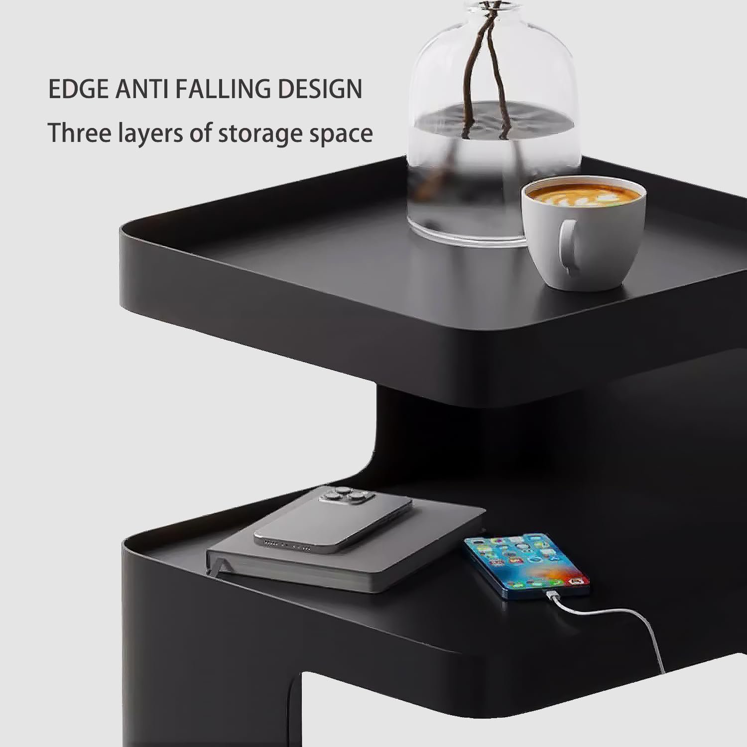 Modern Black Metal Side Table - 3-Tier End Table with Storage Shelf, Nightstand for Bedroom, Living Room & Small Spaces | Sturdy Couch Accent Table, No Assembly Required - Perfect for Reading Nook, Apartment Decor & Guest Room Essentials