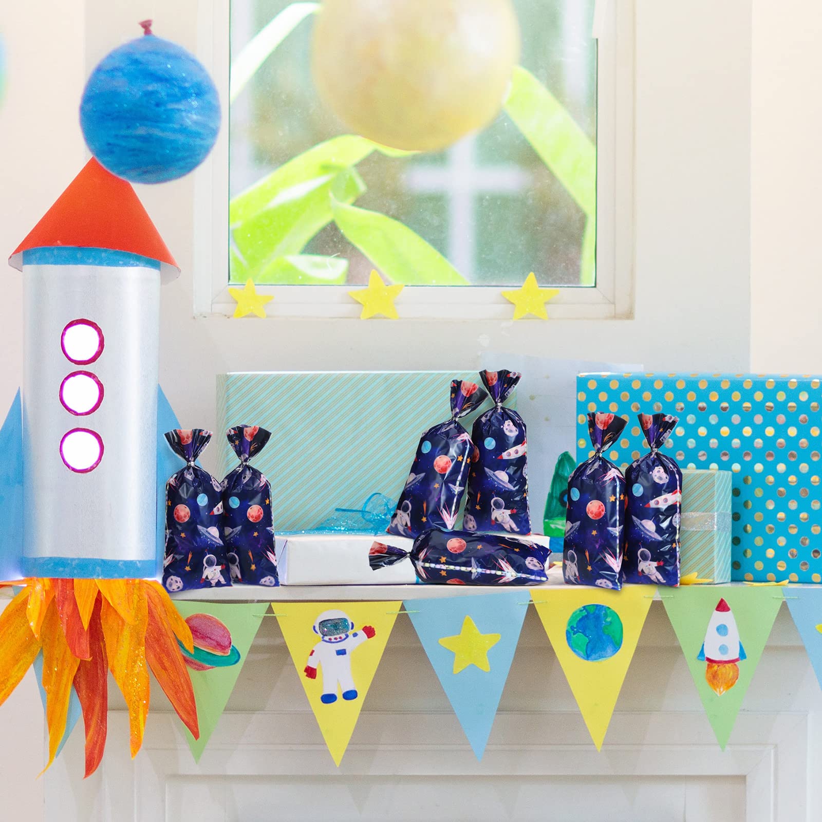 Yexiya 120 Pcs Outer Space Cellophane Bags - Galaxy Themed Plastic Goodie Bags for Astronaut Party Favors, Candy & Birthday Decorations - Perfect for Space-Themed Birthday Parties, Baby Showers & Classroom Rewards