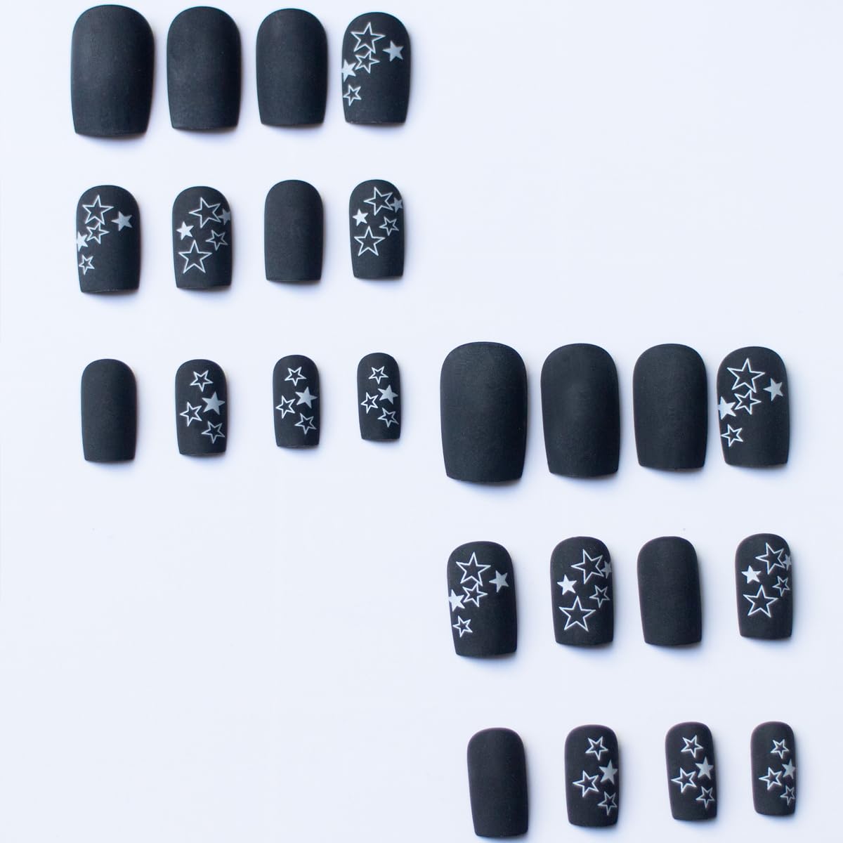 Black Matte Star Press on Nails - Medium Coffin Fake Nails with Glue & Shiny Stars | Luxury Glossy False Nails for Women & Girls | Natural Acrylic Nails for Parties, Weddings & Daily Nail Decoration