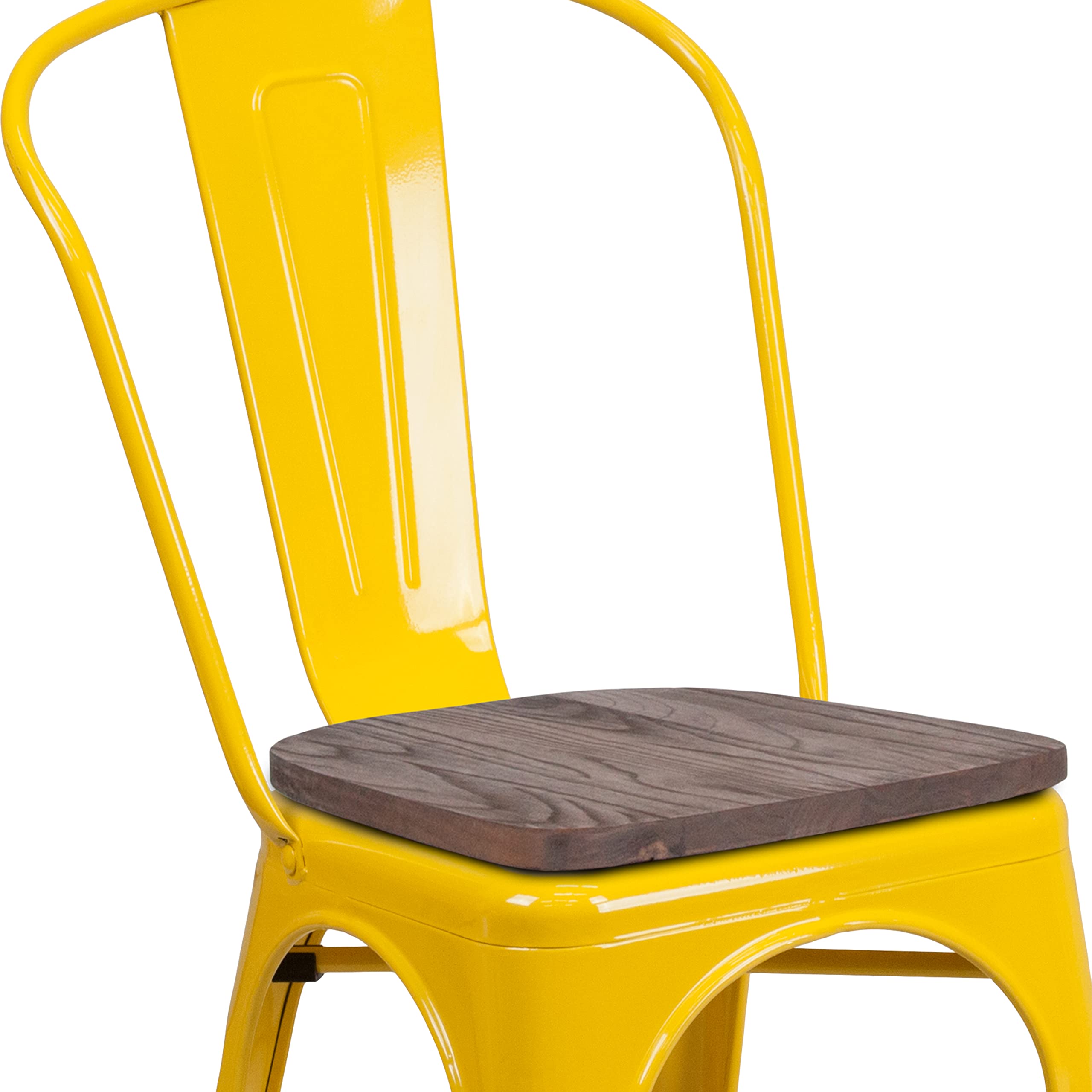 4 Pack Yellow Metal Stackable Chairs with Wood Seat - Commercial Restaurant & Bistro Chairs for Indoor/Outdoor Dining, Cafes, and Events