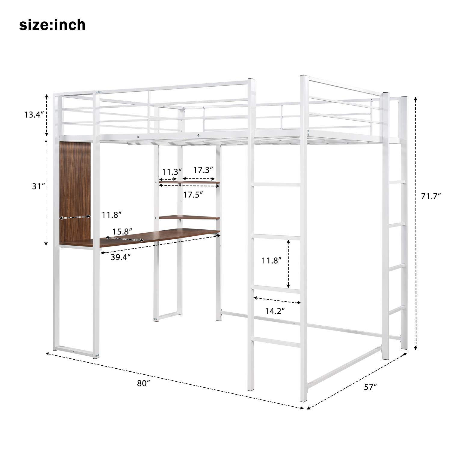 KLMM Full Size Metal Loft Bed with 2 Ladder & Built-in Desk - Space Saving Bed Frame with Storage Shelf & Full-Length Guardrail - No Box Spring Needed (White) - Perfect for Small Bedrooms, Dorms & Studio Apartments