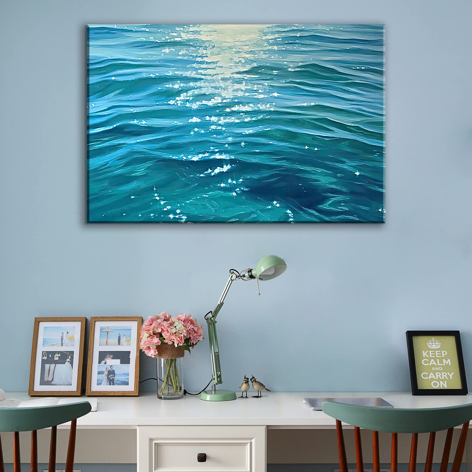 Looife Ocean Wave Canvas Wall Art - Cyan Sparkling Sunset Seascape Painting, Framed Ready-to-Hang Canvas Print (48x36 Inch) - Inspirational Beach Decor for Living Room, Office & Coastal Home Decor