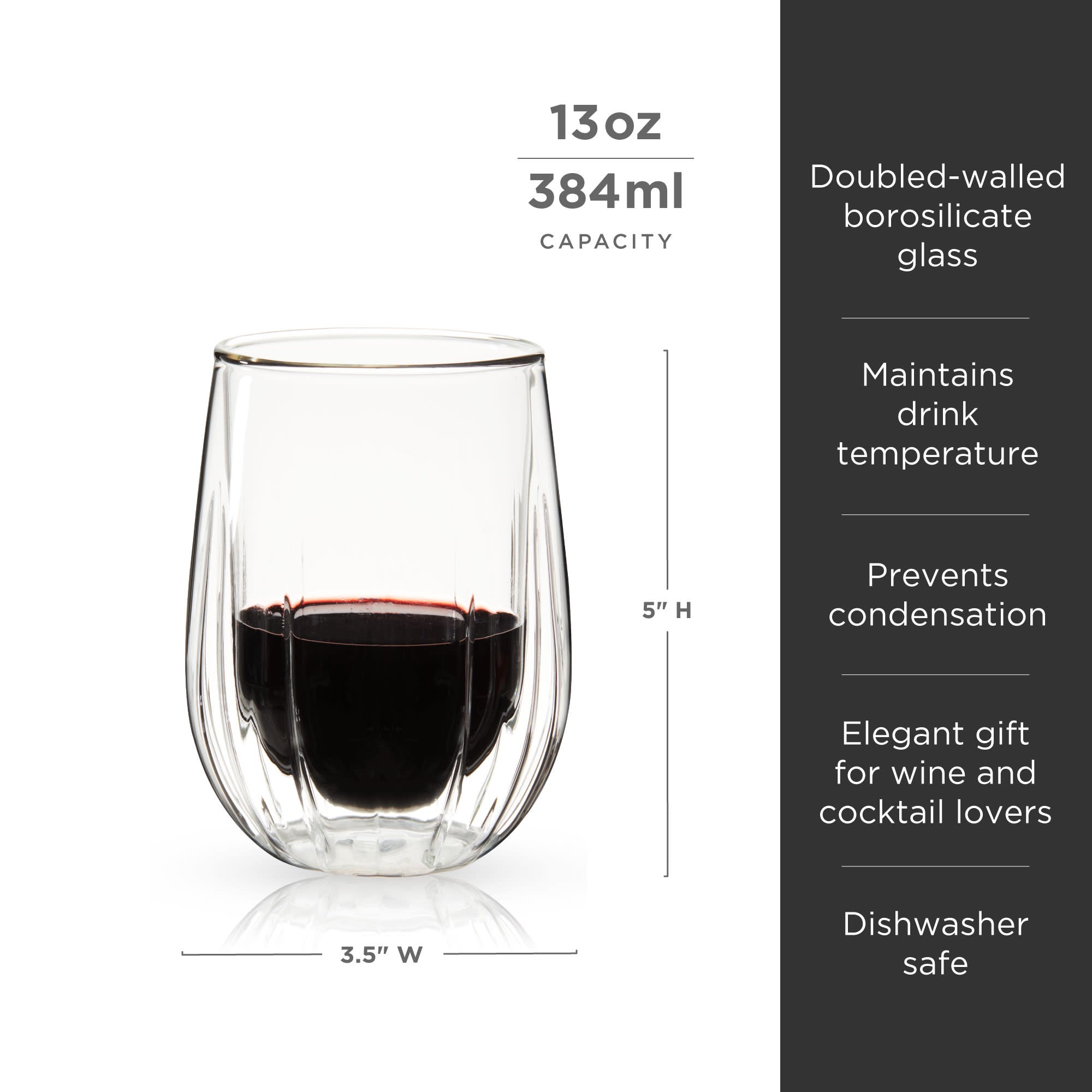 Premium Double Walled Stemless Wine Glasses Set of 2 - Shatterproof & Elegant for Red/White Wine, Cocktails - Perfect for Dinner Parties, Romantic Dates & Outdoor Picnics