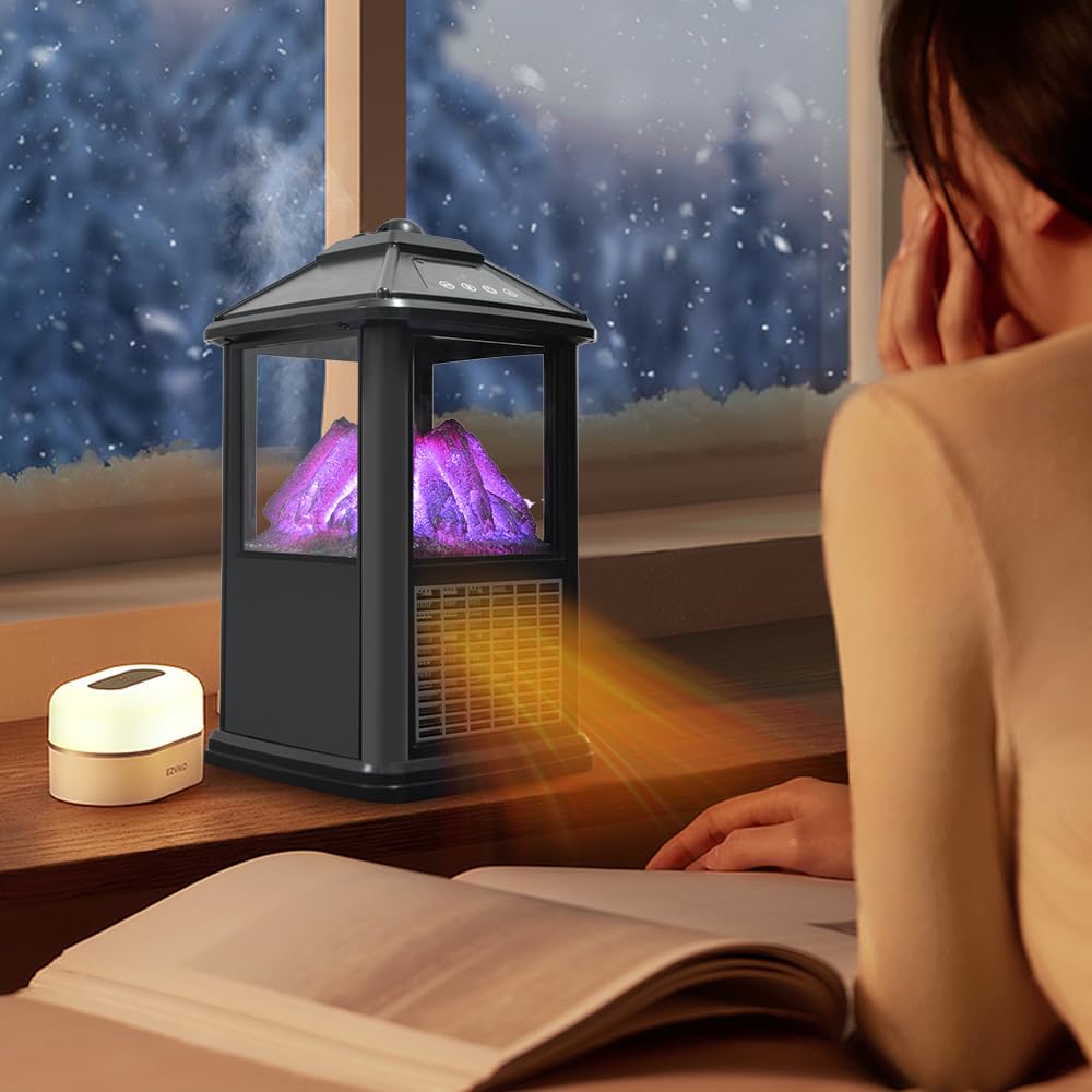 Mini Electric Fireplace Heater - Portable Freestanding 3D Flame Indoor Space Heater with Remote, Timer & Thermostat - Perfect for Bedroom, Living Room & Office Warming Decor