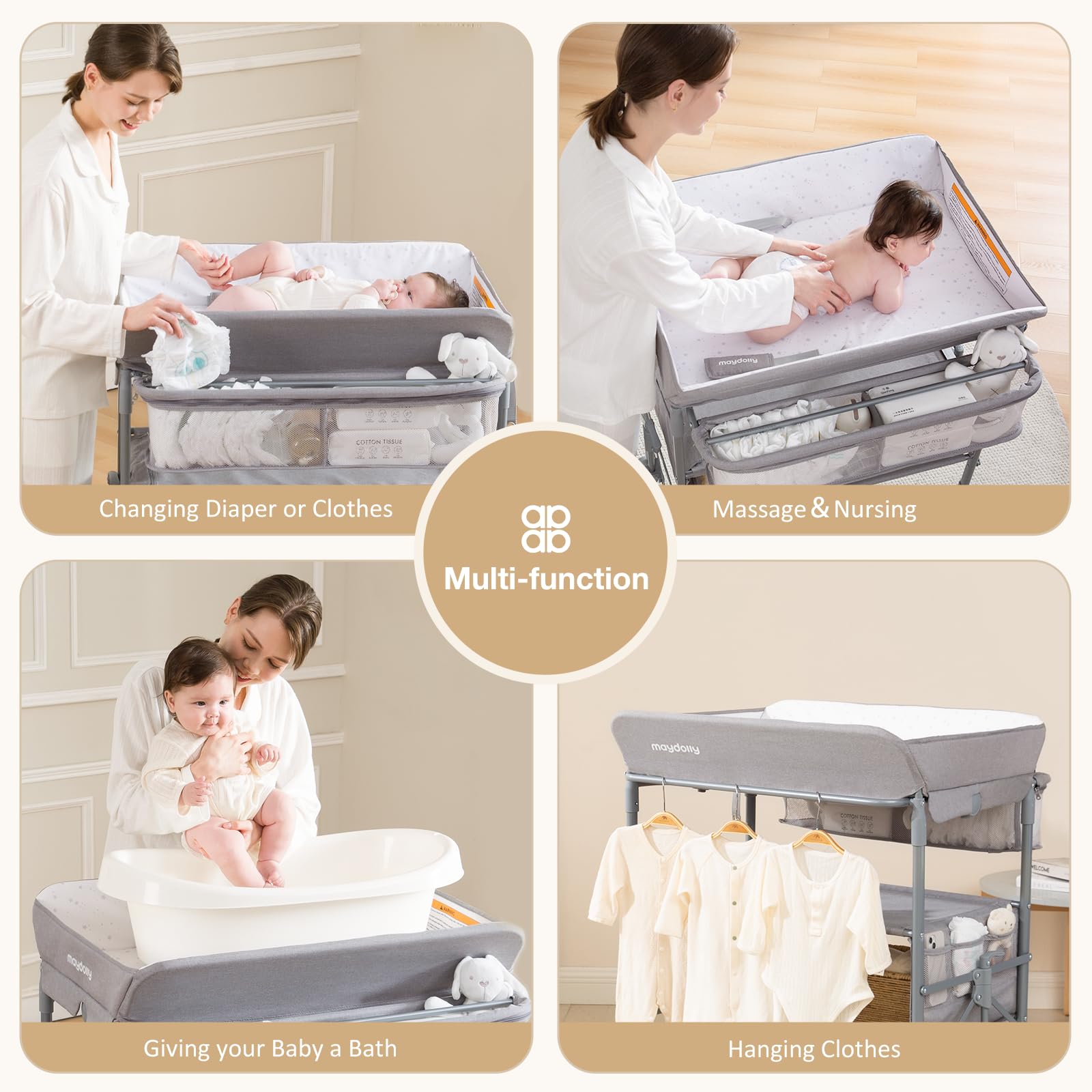Maydolly Portable Baby Changing Table with Wheels - Adjustable Height, Waterproof Diaper Changing Station & Nursery Organizer - Foldable Design for Newborns & Infants (Grey) - Perfect for Nursery, Bedroom, and Travel Use