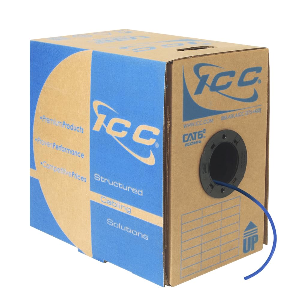 ICC Cat6e CMP Plenum 1000ft UTP 23AWG Solid Pure Copper Ethernet Cable - UL Certified, PoE++ Ready, 600MHz, TAA Compliant | Bulk Network Cable for Office Buildings, Data Centers & Home Networking | Tangle-Free Reelex Pull Box, NEC Compliant (Blue)