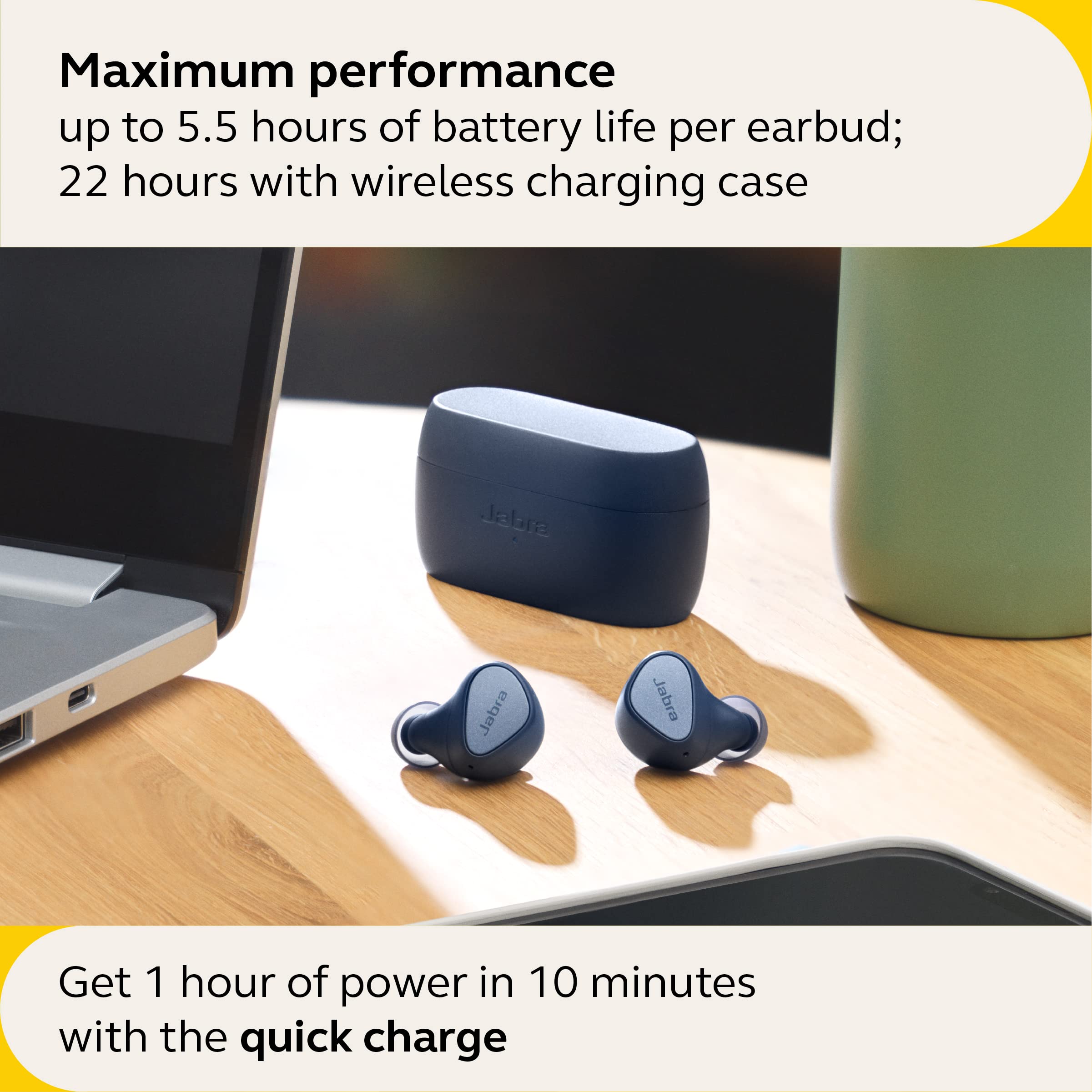 Jabra Elite 4 True Wireless Earbuds with Active Noise Cancellation - Bluetooth 5.2 Headphones for iPhone, Android & Laptop - Comfortable & Secure Fit for Gym, Running, Work & Travel - Navy Blue
