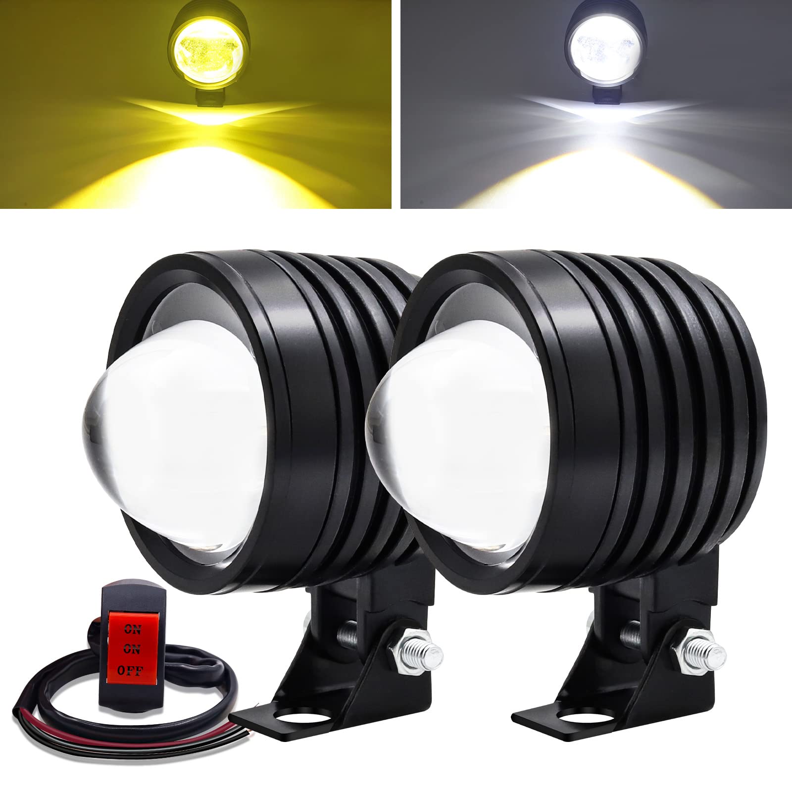 60W Motorcycle Fog Lights 2 Inch 12V Spotlights - Amber/White Dual Color for Night Riding