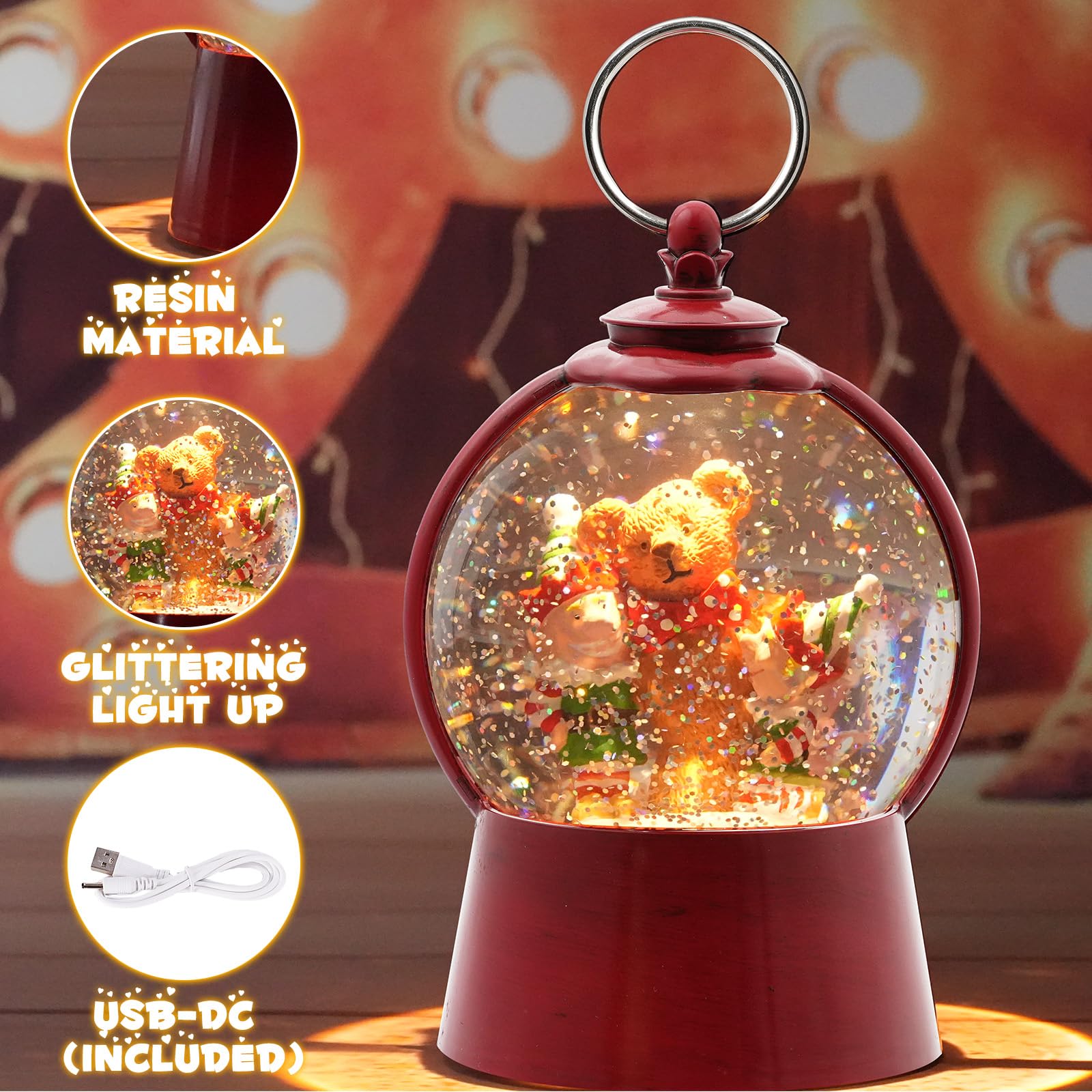 Christmas Snow Globe Lantern with Swirling Glitter - USB/Battery Powered Musical Holiday Decor with 6-Hour Timer - Perfect for Home, Office, Party & Gift Giving - Features Festive Elf & Bear Design