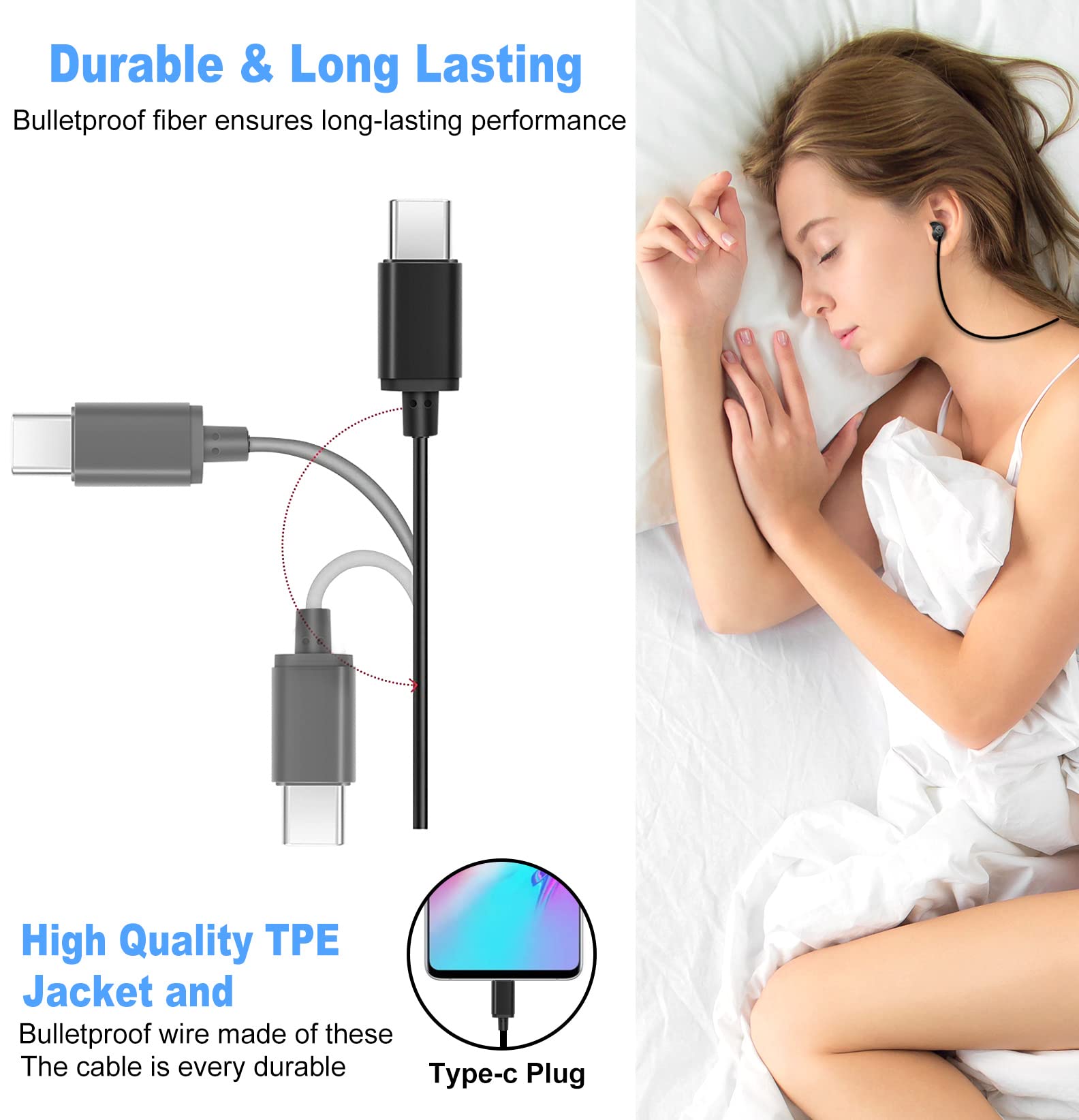 MAXROCK 2PCS Sleep Wired Headphones with USB-C Plug - Comfortable Wired Earbuds for Sleeping, Built-in Remote for Music, Calls & Volume Control - Compatible with iPhone 15 & Samsung Android Phones | Perfect for Nighttime Use, Travel & Meditation