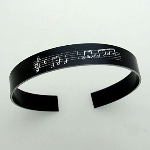 Personalized Music Note Engraved Cuff Bracelet - Unique Custom Jewelry Gift for Musicians & Music Lovers - Black Leather Band - Perfect for Concerts, Gifts & Music Themed Events