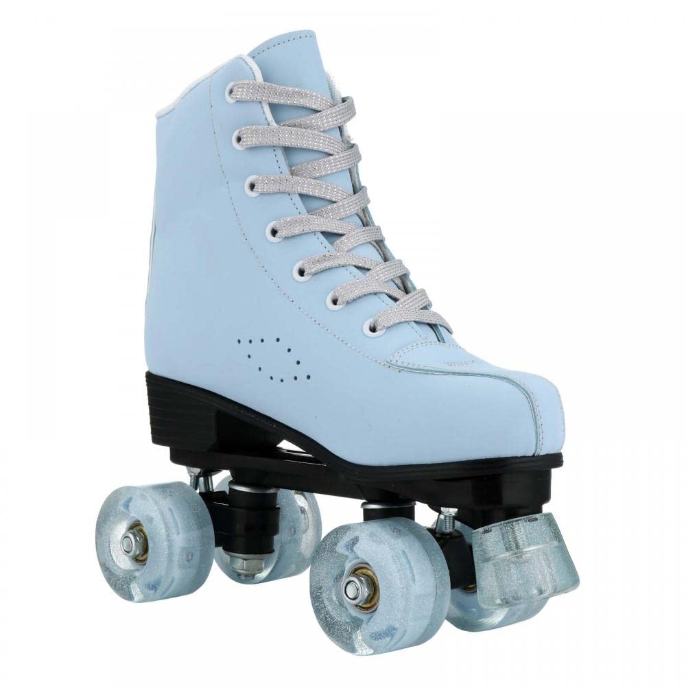 XUDREZ Women's High-Top PU Leather Roller Skates - Shiny Sky Blue Quad Wheels for Beginners | Indoor & Outdoor Skating, Rink, Fitness & Recreational Use