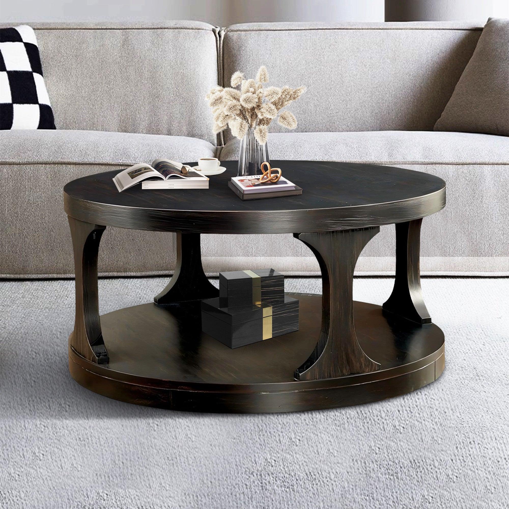 Antique Black Round Coffee Table with Open Shelf - 18 Inch Height, Sturdy Structure for Living Room, Lounge & Office Use