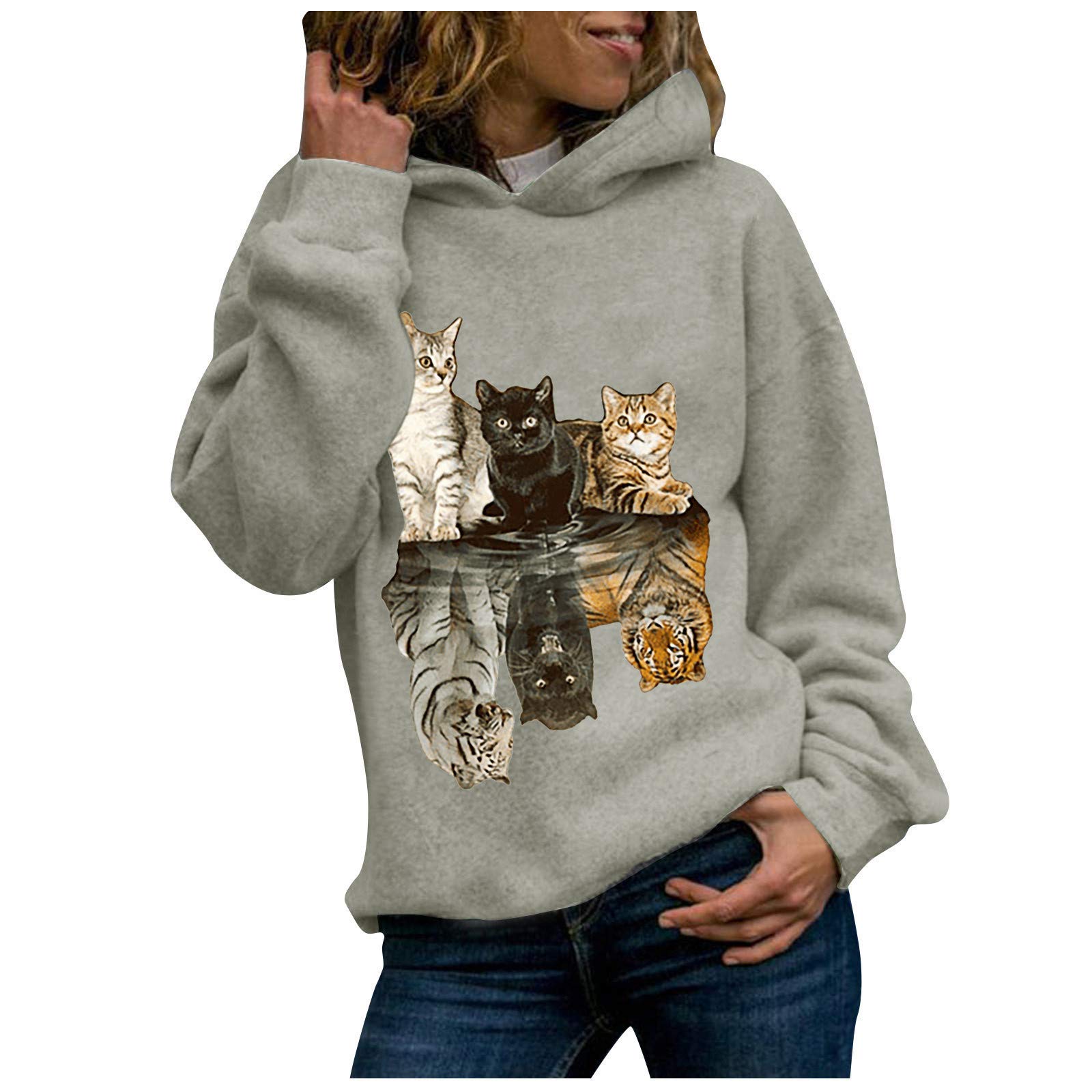 Women's Cat Print Hoodie - Vintage Korean Style Long Sleeve Pullover Sweatshirt for Fall | Cute Athletic Casual Wear for Women | Perfect for Daily Outfits, Street Style & Cozy Loungewear