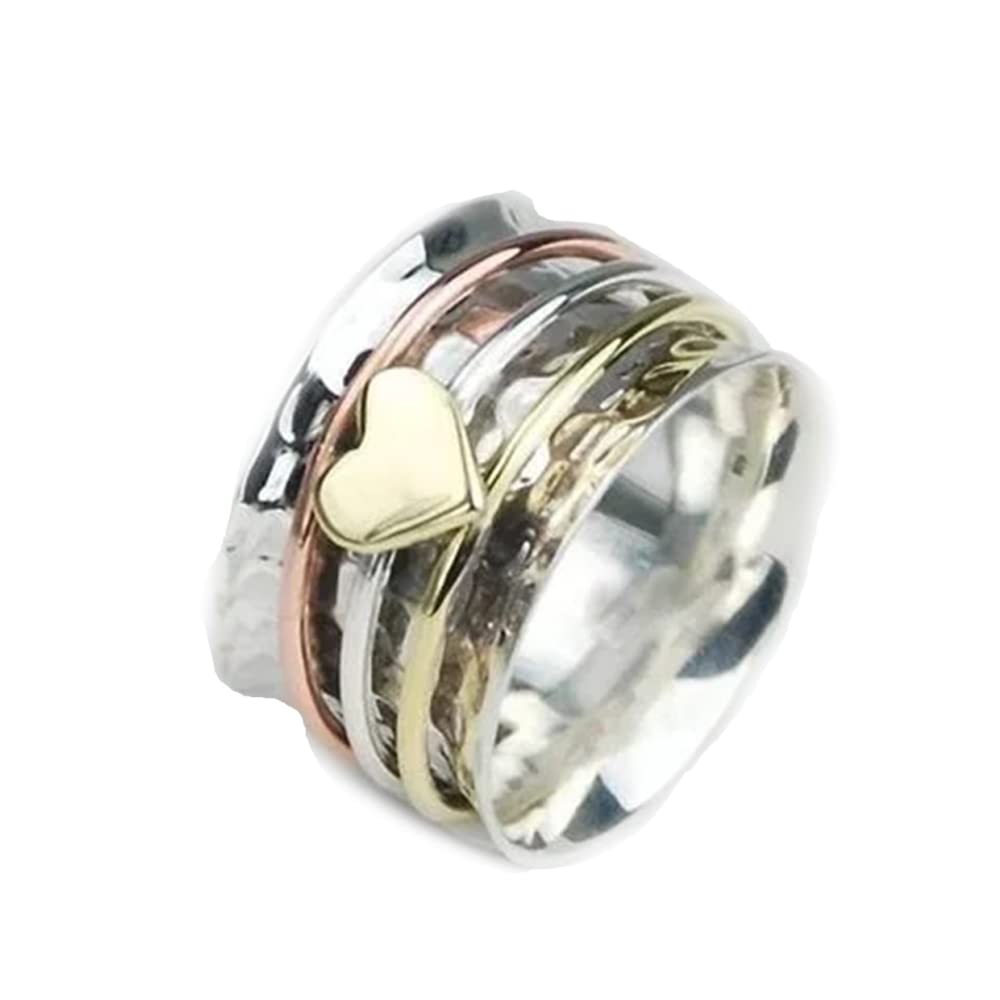 KINTAN Self Love Spinner Heart Ring - 925 Sterling Silver Anxiety Relief Fidget Ring for Women, Plain Hammered Wide Band Spinner Ring - Perfect for Stress Relief, Anxiety Management & Self-Care Moments