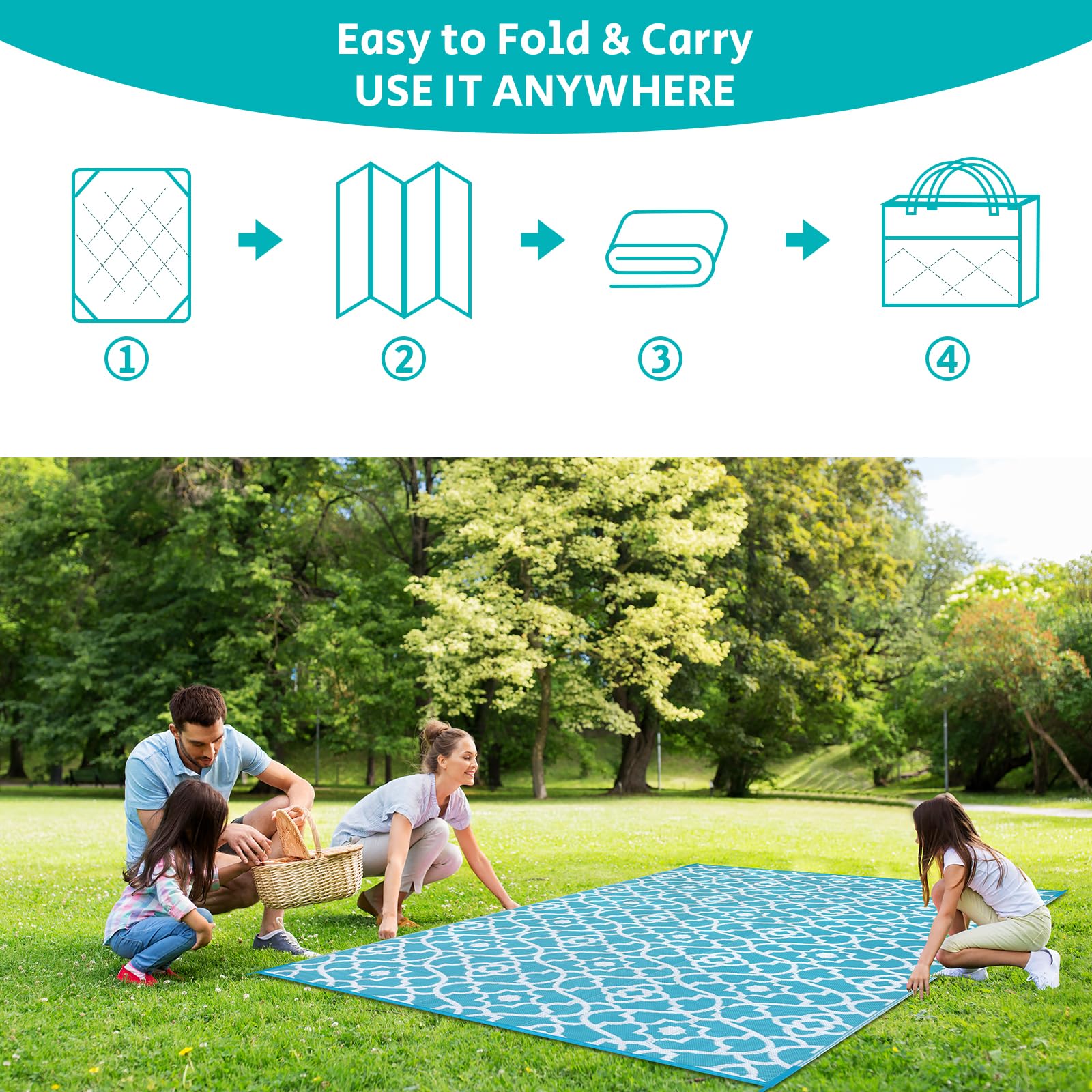 HEBE 9'x12' Waterproof Reversible Outdoor Rug - Durable Plastic Straw Patio Mat for Camping, RV, Porch, Deck, Balcony, Backyard | Perfect for Outdoor Gatherings & Summer Entertaining